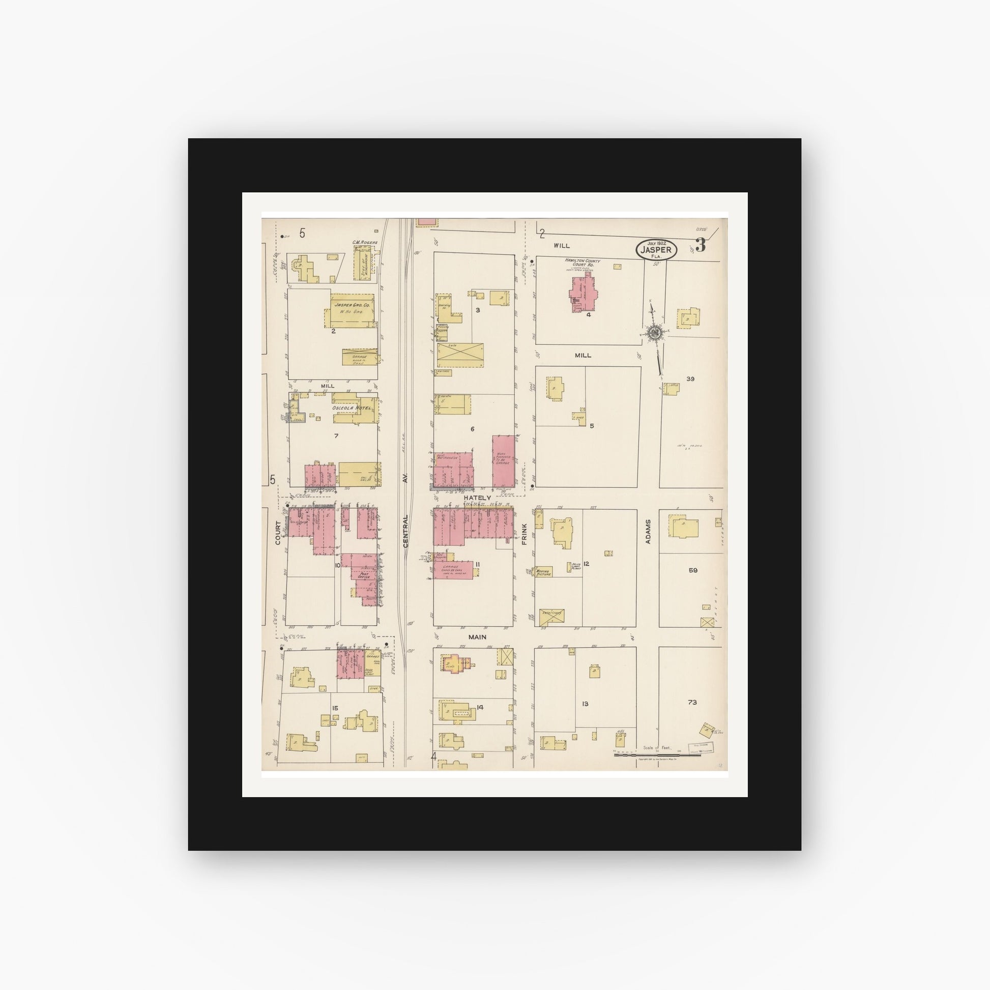Old map wall art mockup — black gallery frame with white mat — Sanborn Fire Insurance Map from Jasper, Hamilton County, Florida (1922), Sheet #0003