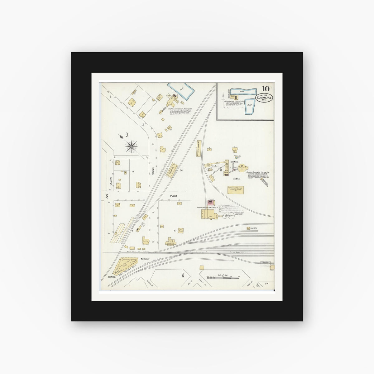 Old map wall art mockup — black gallery frame with white mat — Sanborn Fire Insurance Map from Commerce, Hunt County, Texas (1906), Sheet #0010