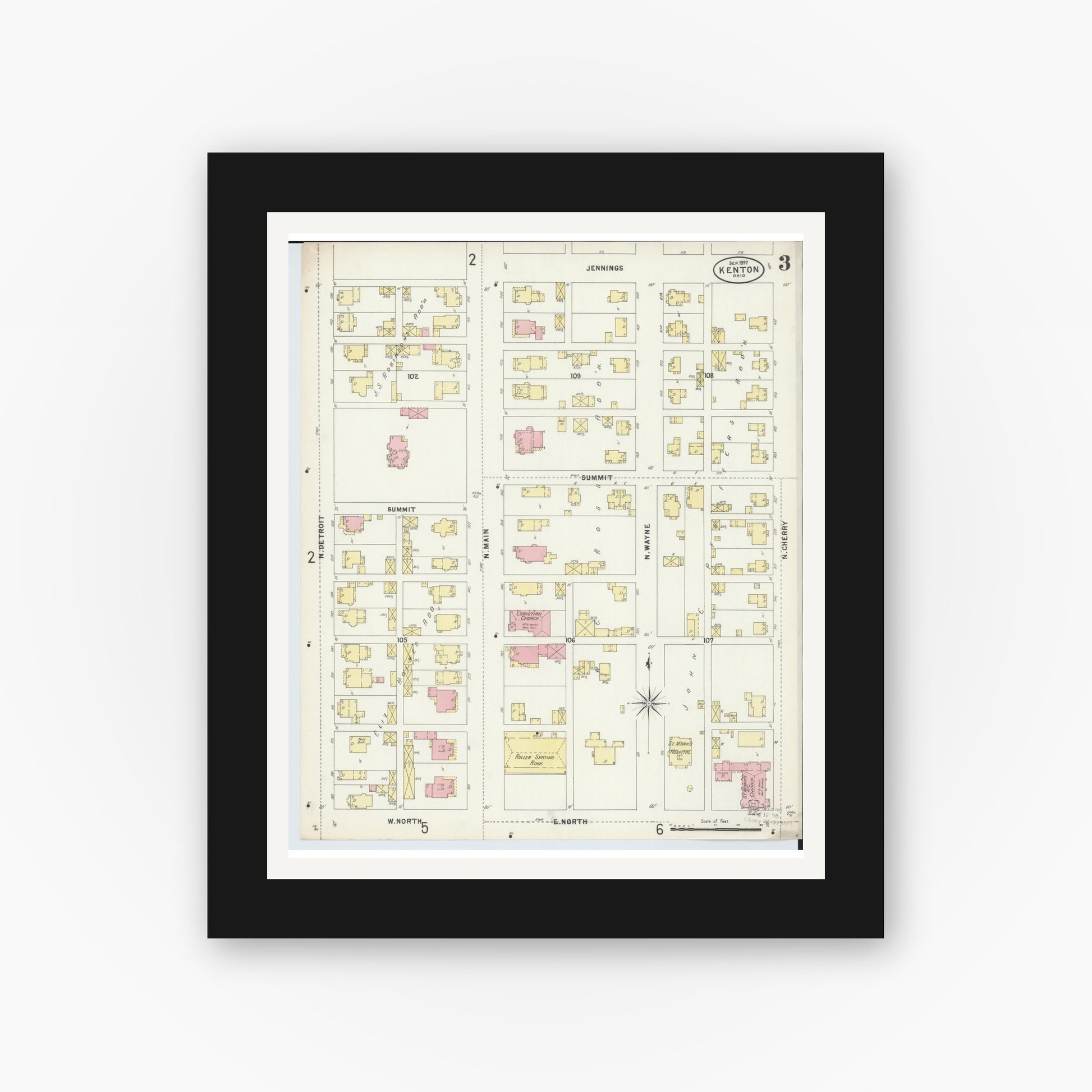 Old map wall art mockup — black gallery frame with white mat — Sanborn Fire Insurance Map from Kenton, Hardin County, Ohio (1897), Sheet #0003