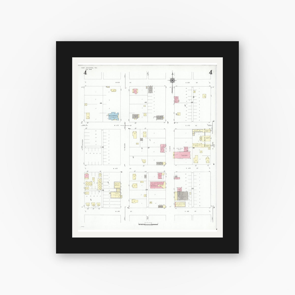 Old map wall art mockup — black gallery frame with white mat — Sanborn Fire Insurance Map from Fort Stockton, Pecos County, Texas (1946), Sheet #0004