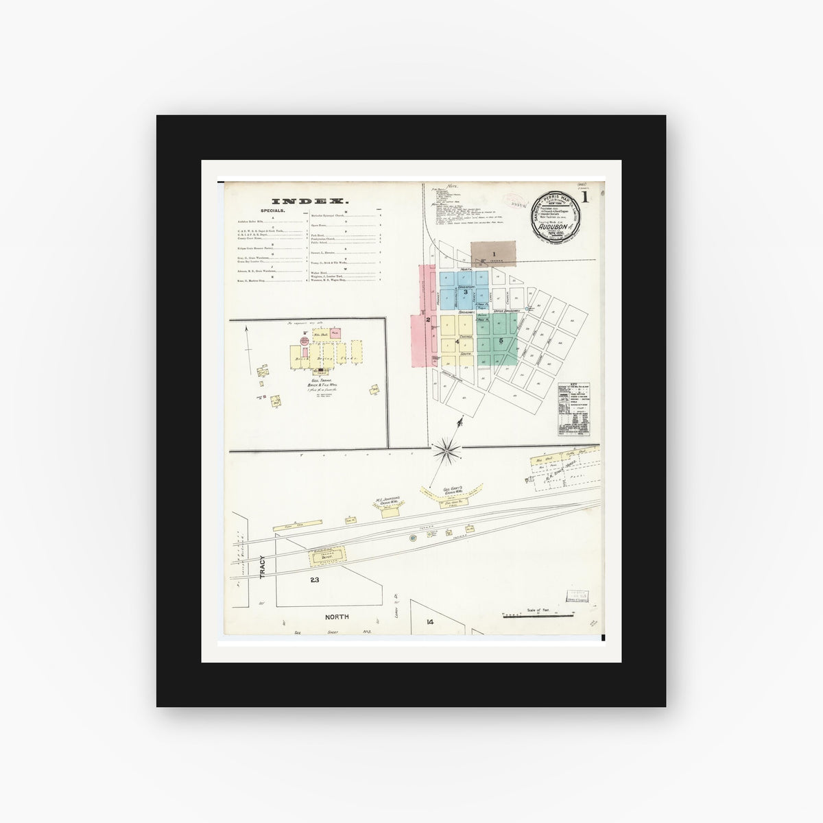 Old map wall art mockup — black gallery frame with white mat — Sanborn Fire Insurance Map from Audubon, Audubon County, Iowa (1890) â€” Complete Set