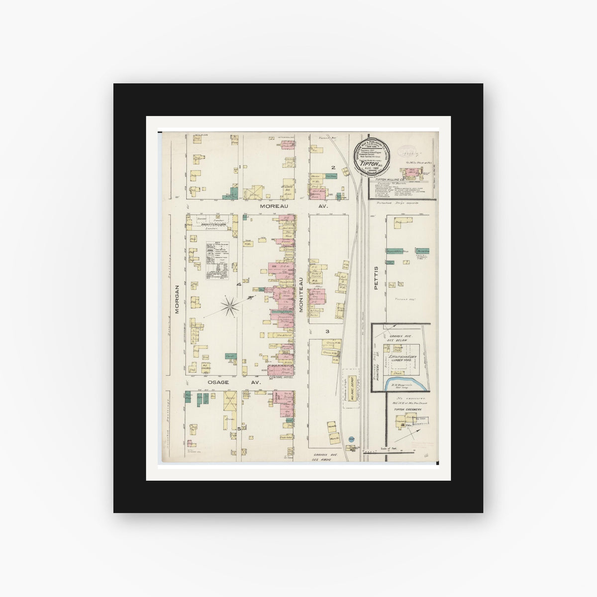 Old map wall art mockup — black gallery frame with white mat — Sanborn Fire Insurance Map from Tipton, Moniteau County, Missouri (1885), Sheet #0001