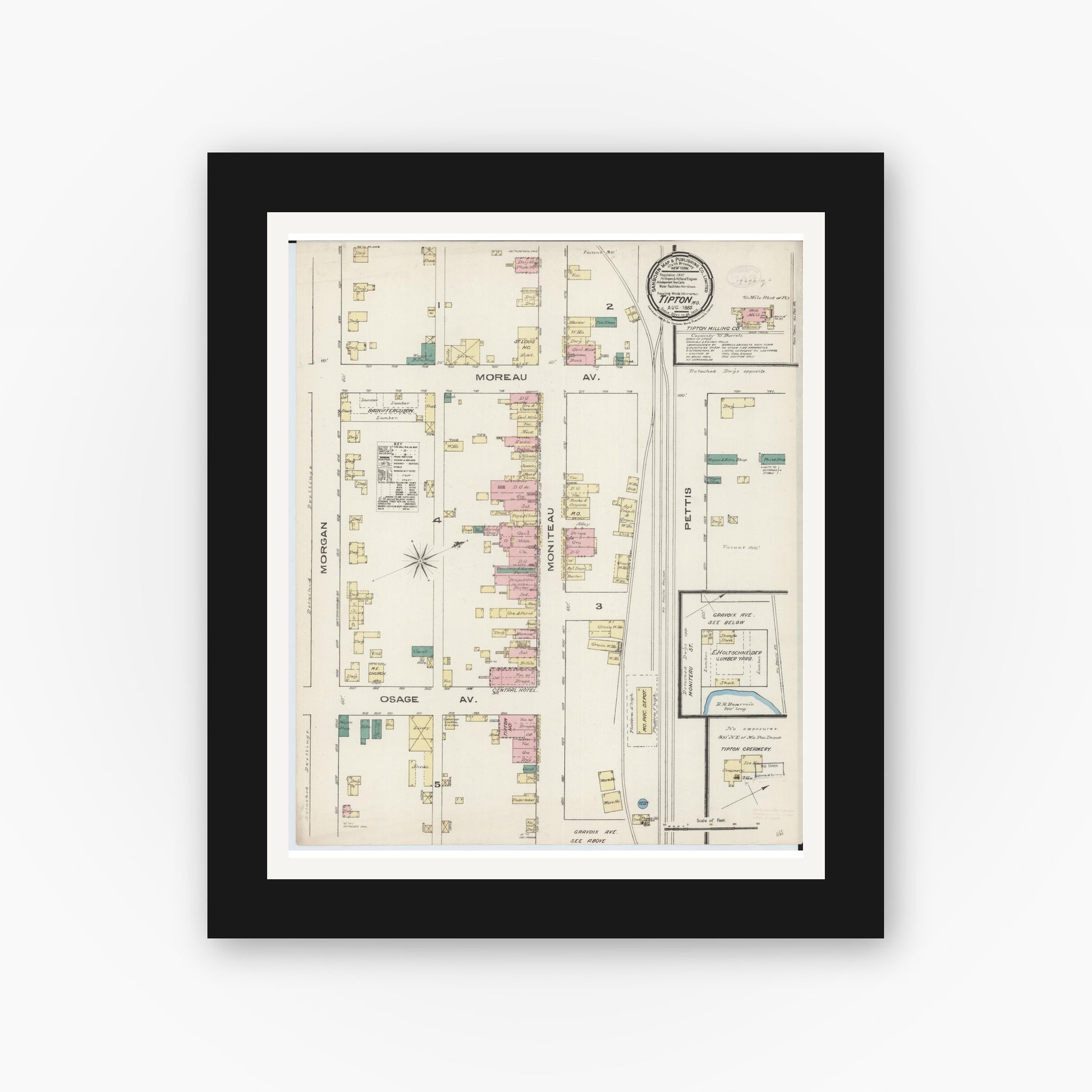 Old map wall art mockup — black gallery frame with white mat — Sanborn Fire Insurance Map from Tipton, Moniteau County, Missouri (1885), Sheet #0001