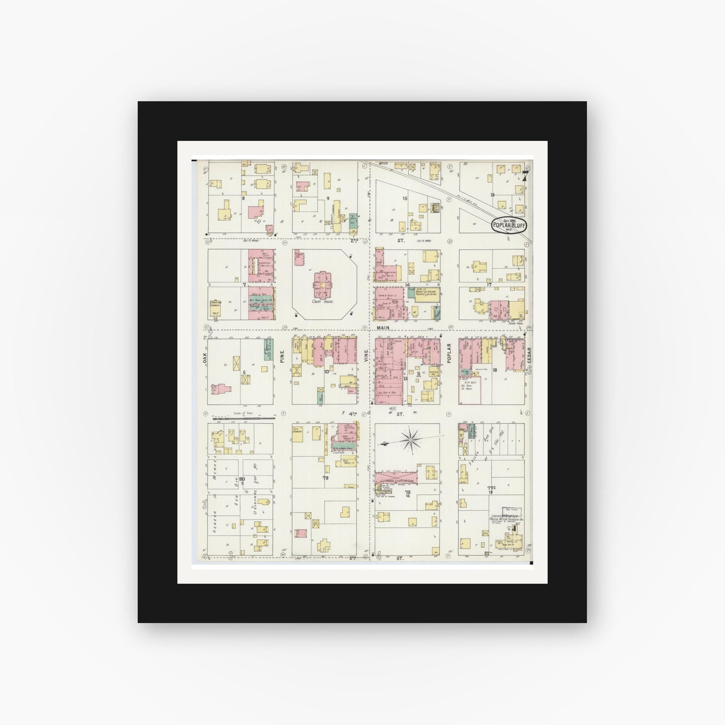 Old map wall art mockup — black gallery frame with white mat — Sanborn Fire Insurance Map from Poplar Bluff, Butler County, Missouri (1895), Sheet #0007