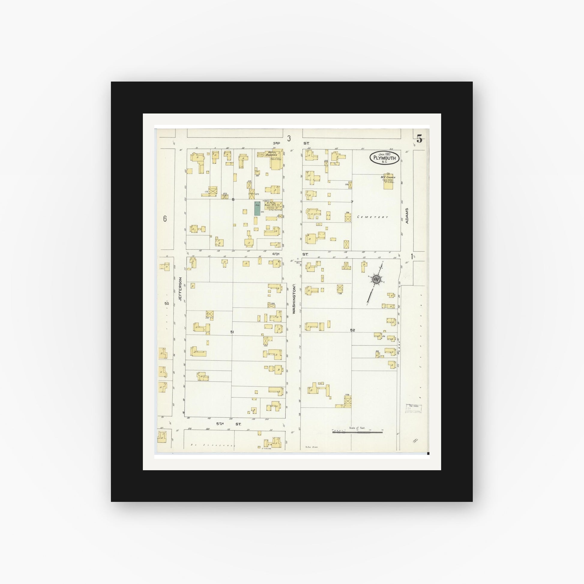 Old map wall art mockup — black gallery frame with white mat — Sanborn Fire Insurance Map from Plymouth, Washington County, North Carolina (1910), Sheet #0005