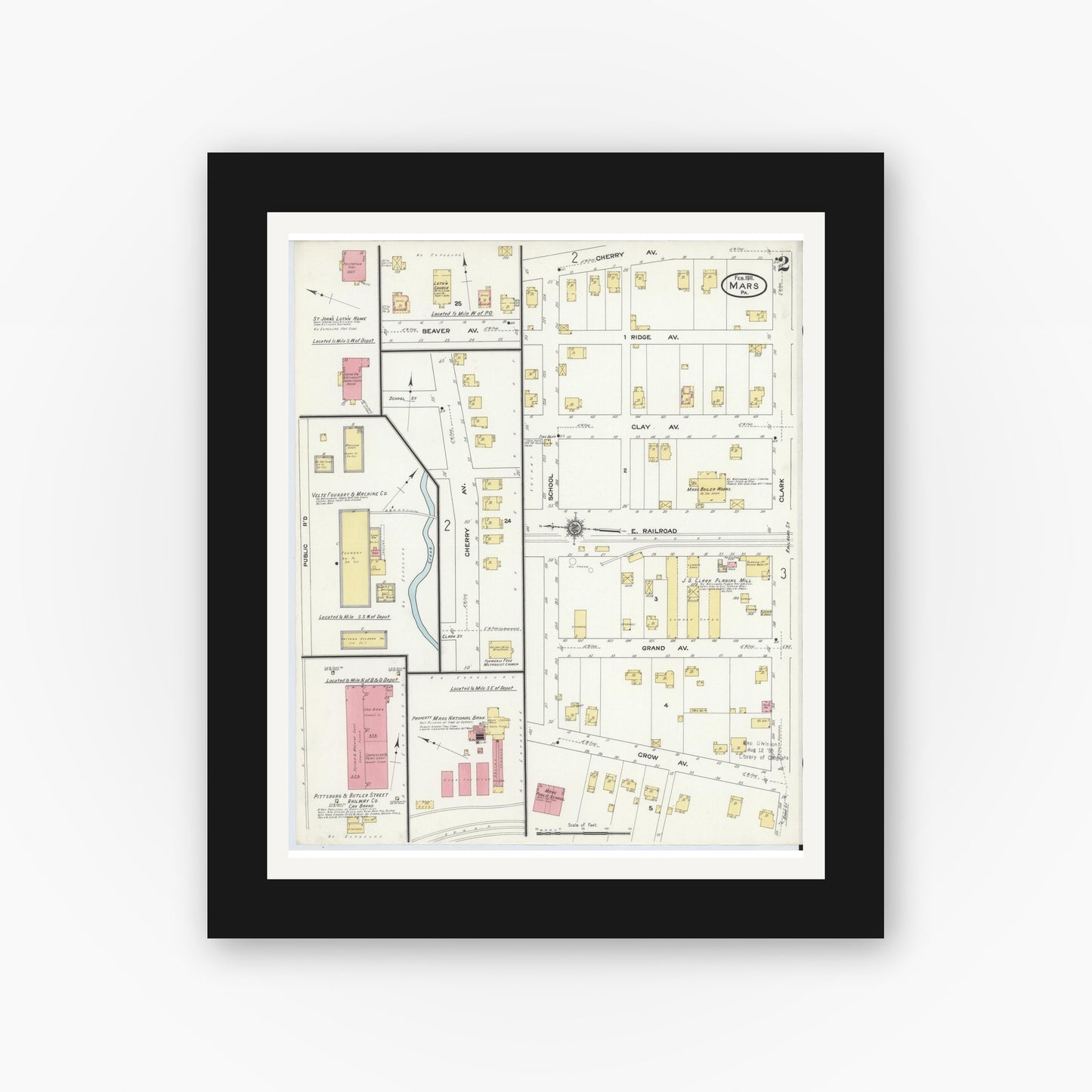 Old map wall art mockup — black gallery frame with white mat — Sanborn Fire Insurance Map from Mars, Butler County, Pennsylvania (1911), Sheet #0002