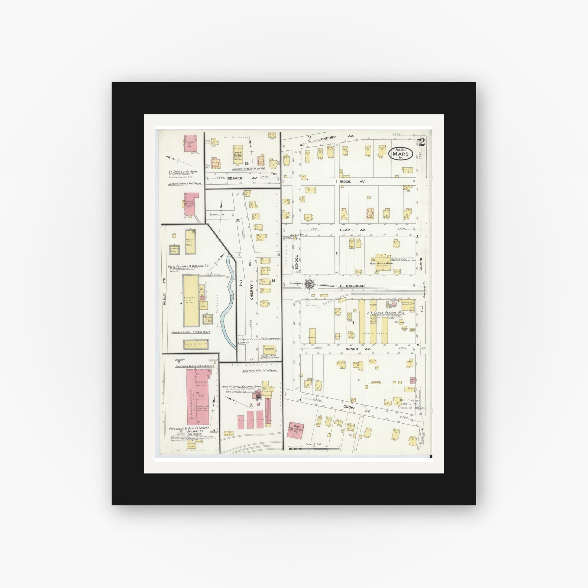 Old map wall art mockup — black gallery frame with white mat — Sanborn Fire Insurance Map from Mars, Butler County, Pennsylvania (1911), Sheet #0002