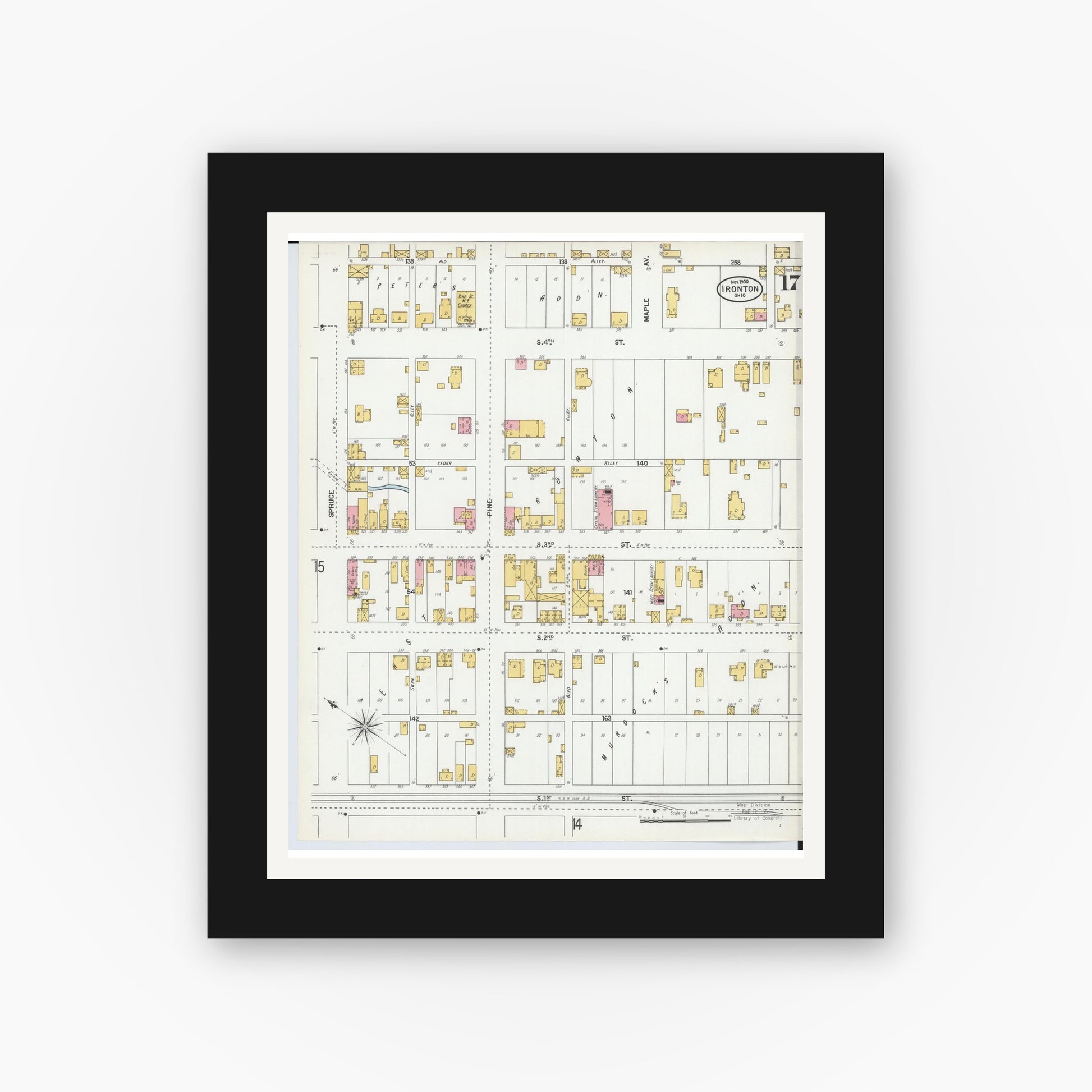 Old map wall art mockup — black gallery frame with white mat — Sanborn Fire Insurance Map from Ironton, Lawrence County, Ohio (1900), Sheet #0017