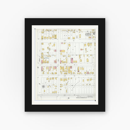 Old map wall art mockup — black gallery frame with white mat — Sanborn Fire Insurance Map from Ironton, Lawrence County, Ohio (1900), Sheet #0017