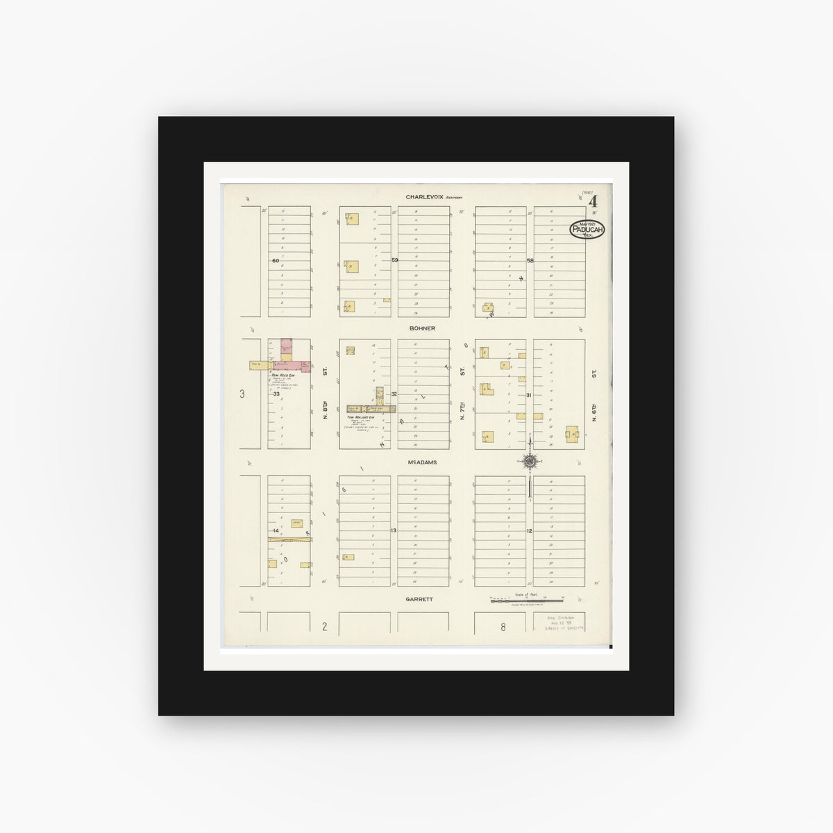 Old map wall art mockup — black gallery frame with white mat — Sanborn Fire Insurance Map from Paducah, Cottle County, Texas (1921), Sheet #0004