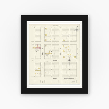 Old map wall art mockup — black gallery frame with white mat — Sanborn Fire Insurance Map from Paducah, Cottle County, Texas (1921), Sheet #0004