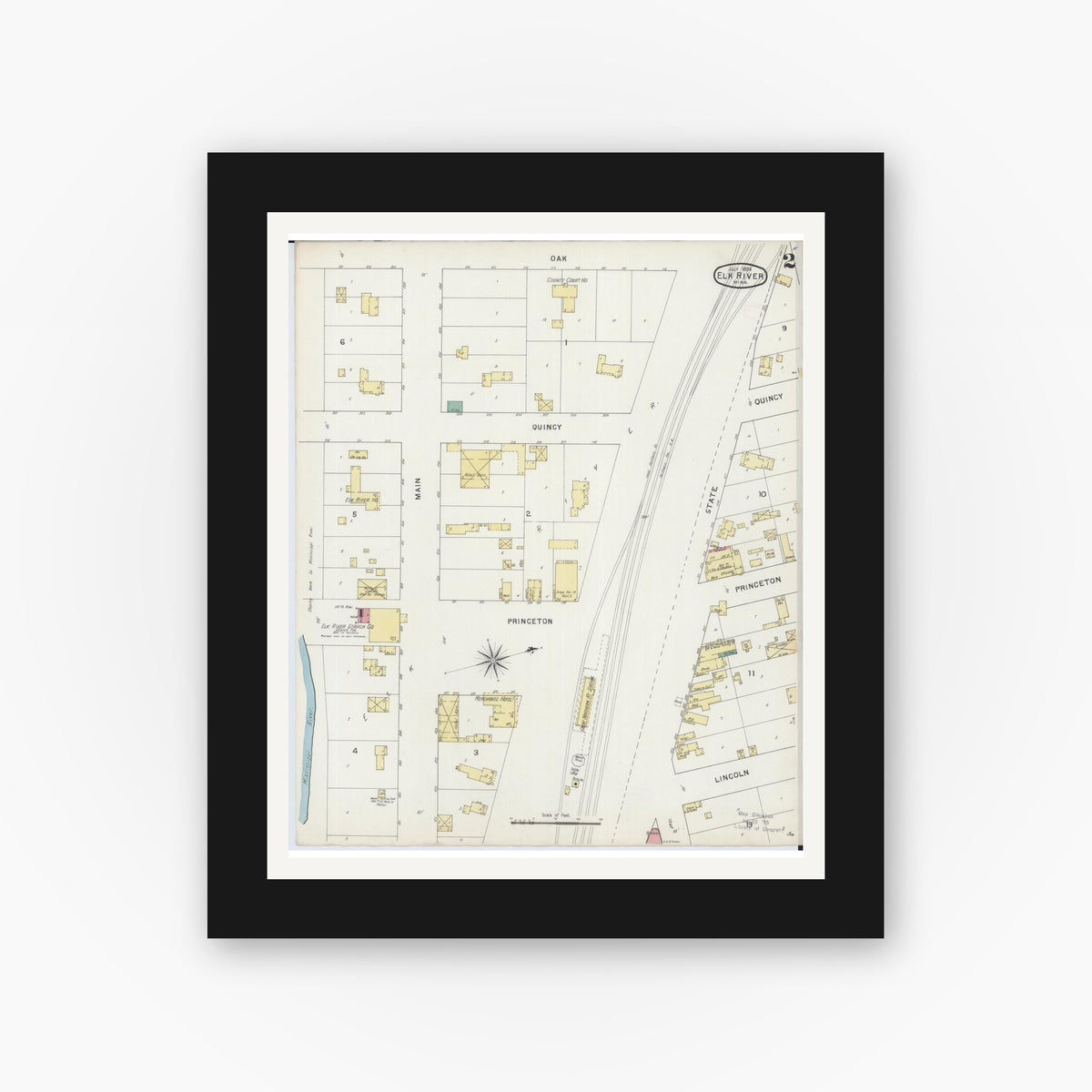 Old map wall art mockup — black gallery frame with white mat — Sanborn Fire Insurance Map from Elk River, Sherburne County, Minnesota (1894), Sheet #0002