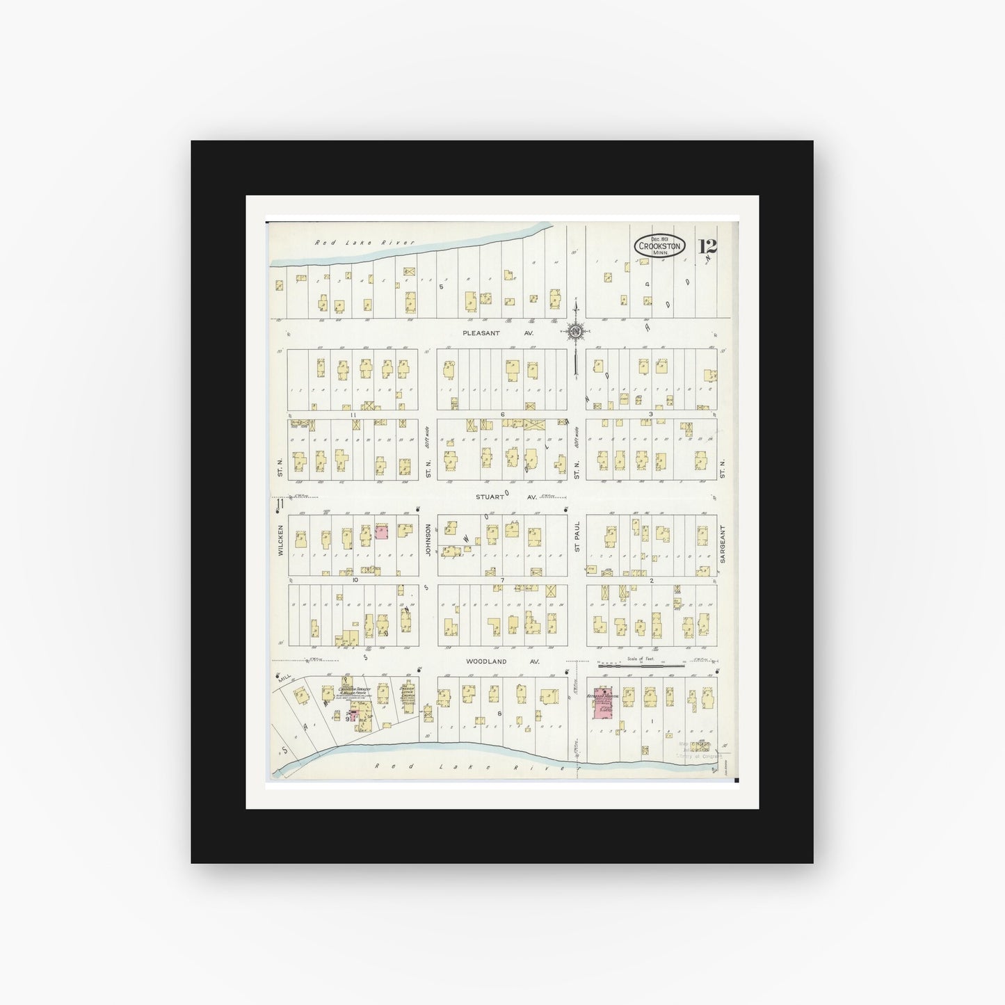 Old map wall art mockup — black gallery frame with white mat — Sanborn Fire Insurance Map from Crookston, Polk County, Minnesota (1913), Sheet #0012