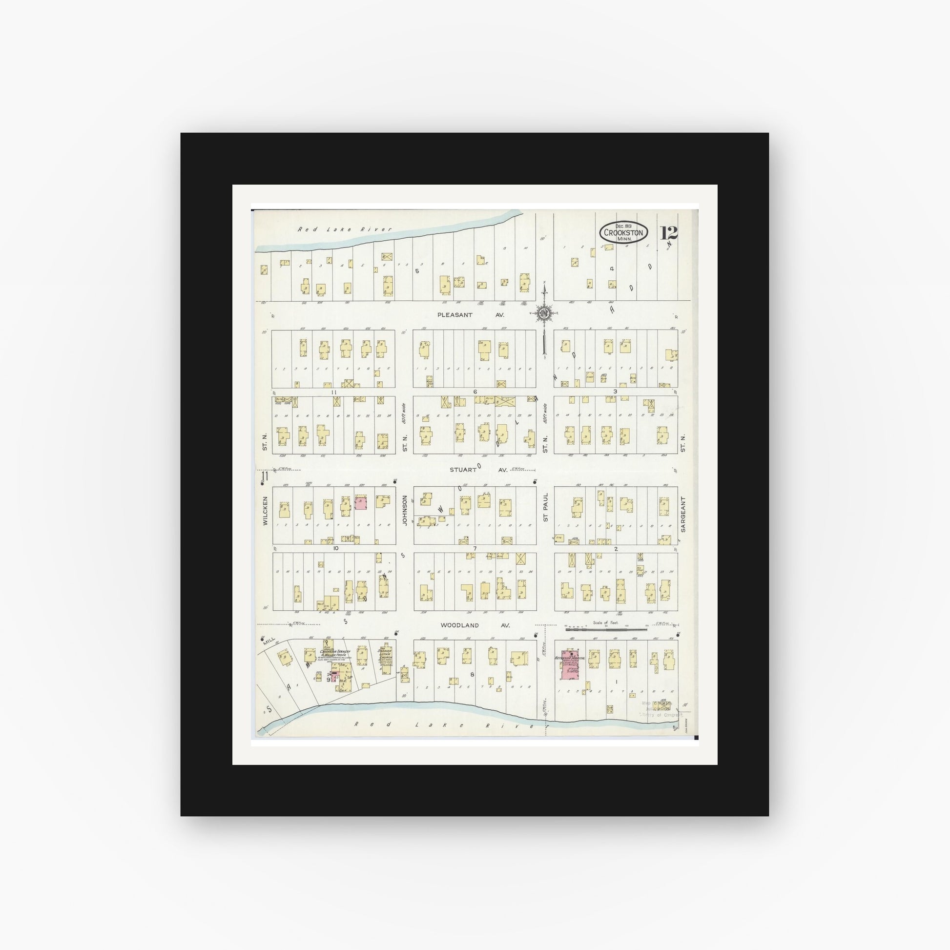 Old map wall art mockup — black gallery frame with white mat — Sanborn Fire Insurance Map from Crookston, Polk County, Minnesota (1913), Sheet #0012