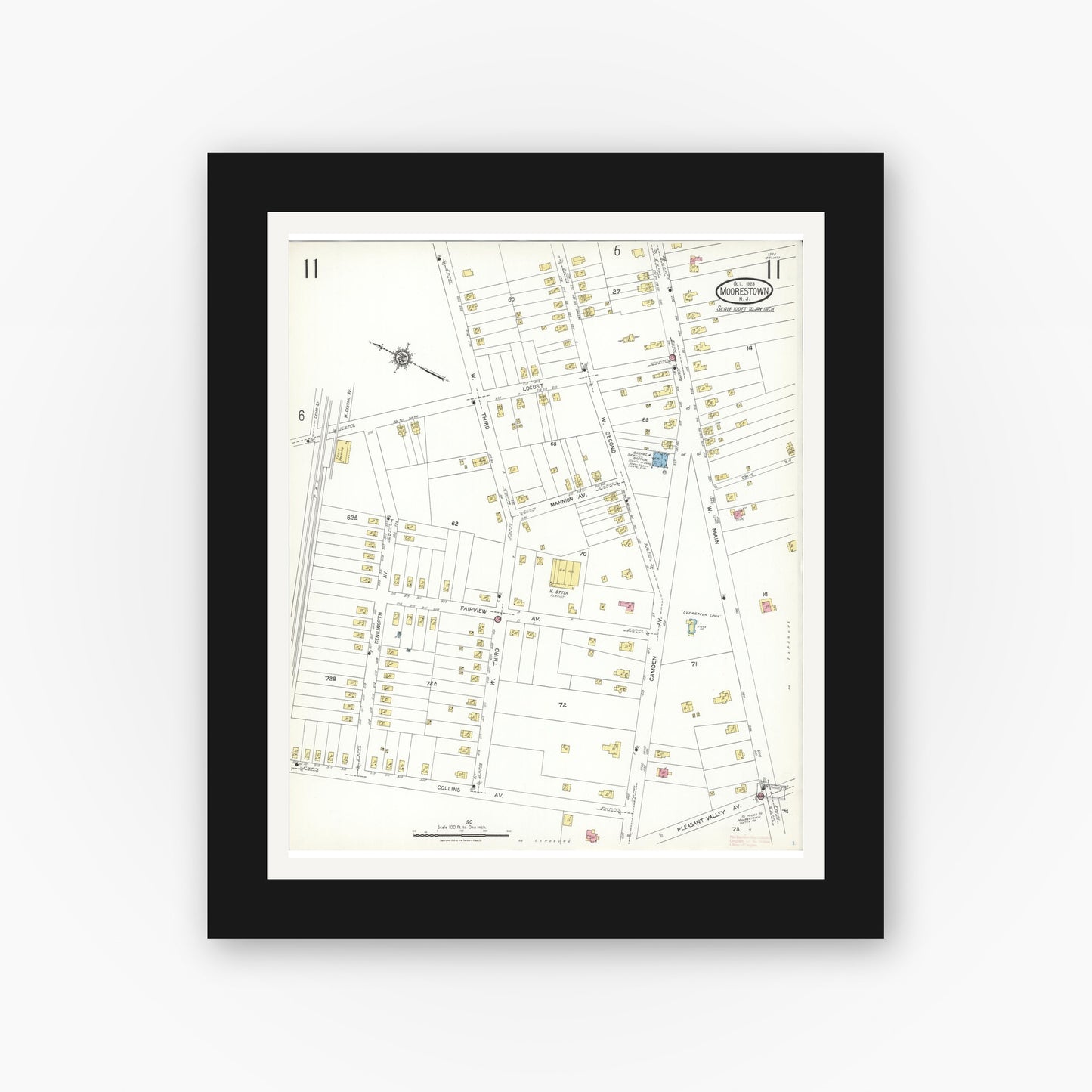 Old map wall art mockup — black gallery frame with white mat — Sanborn Fire Insurance Map from Moorestown, Burlington County, New Jersey (1923), Sheet #0011