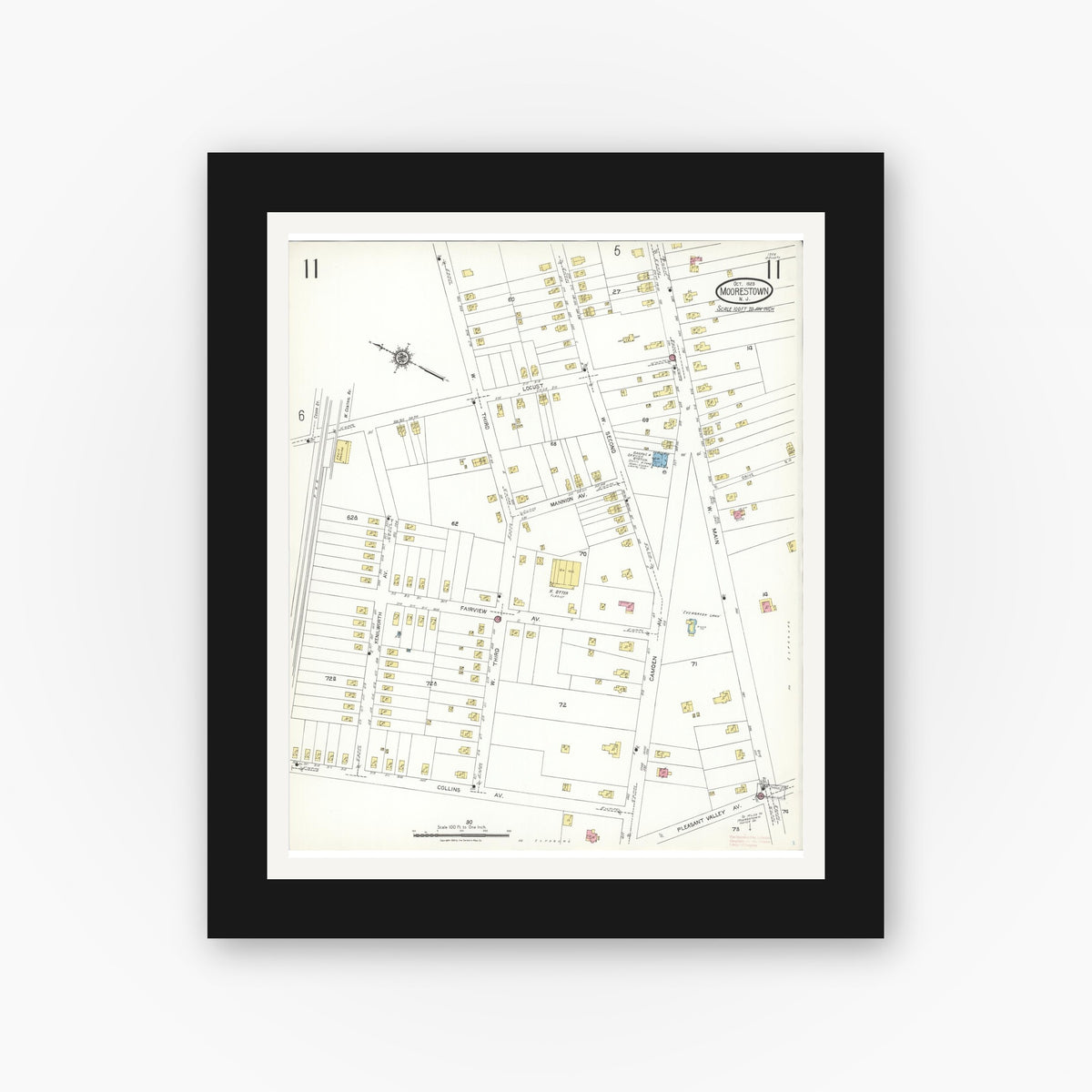 Old map wall art mockup — black gallery frame with white mat — Sanborn Fire Insurance Map from Moorestown, Burlington County, New Jersey (1923), Sheet #0011