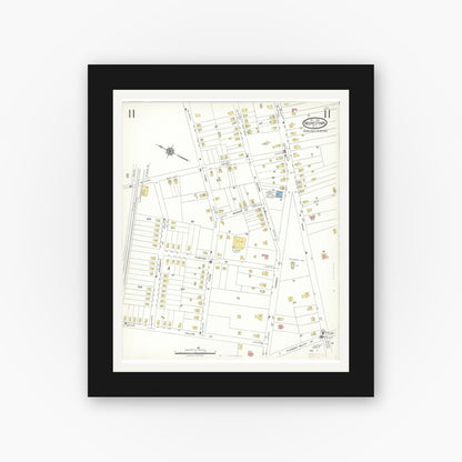 Old map wall art mockup — black gallery frame with white mat — Sanborn Fire Insurance Map from Moorestown, Burlington County, New Jersey (1923), Sheet #0011