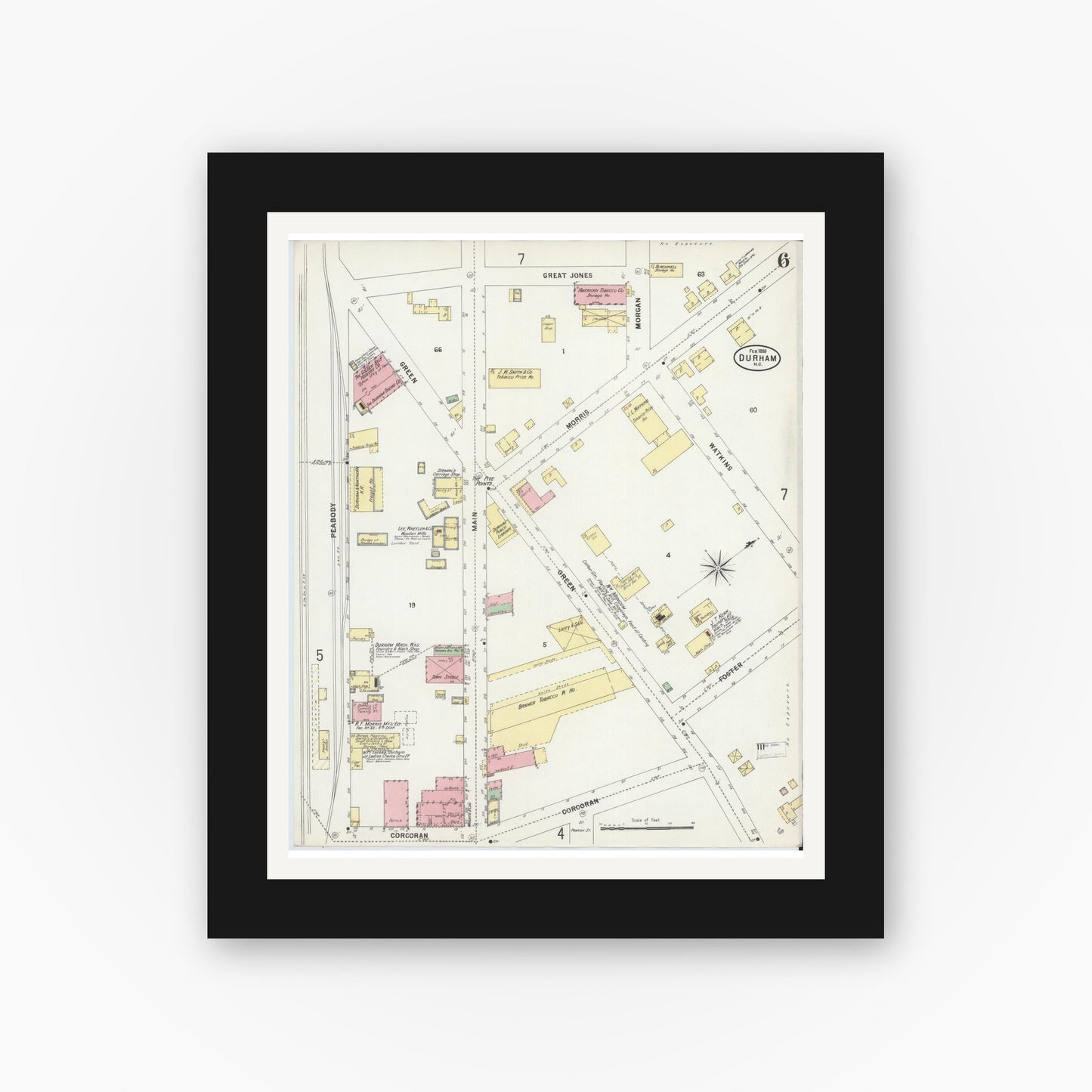 Old map wall art mockup — black gallery frame with white mat — Sanborn Fire Insurance Map from Durham, Durham County, North Carolina (1898), Sheet #0006