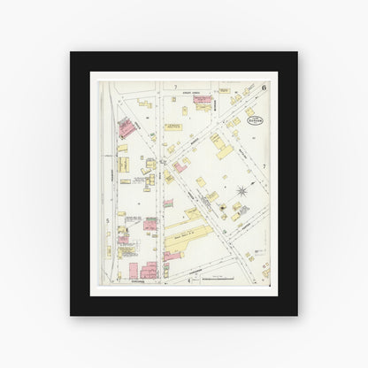 Old map wall art mockup — black gallery frame with white mat — Sanborn Fire Insurance Map from Durham, Durham County, North Carolina (1898), Sheet #0006