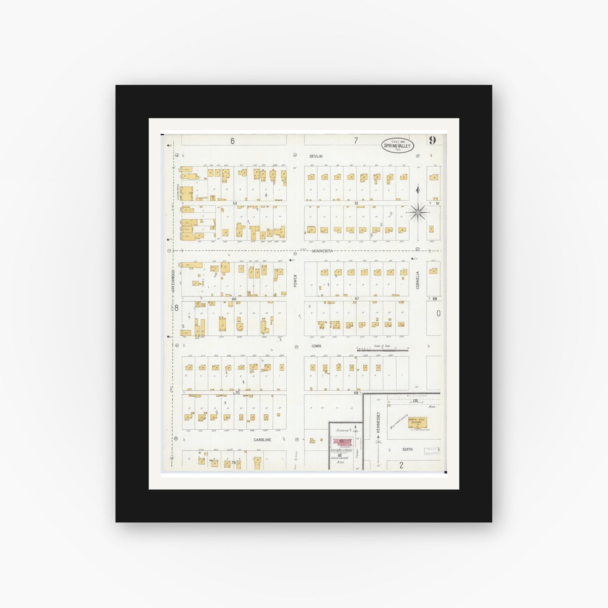 Old map wall art mockup — black gallery frame with white mat — Sanborn Fire Insurance Map from Spring Valley, Bureau County, Illinois (1906), Sheet #0009