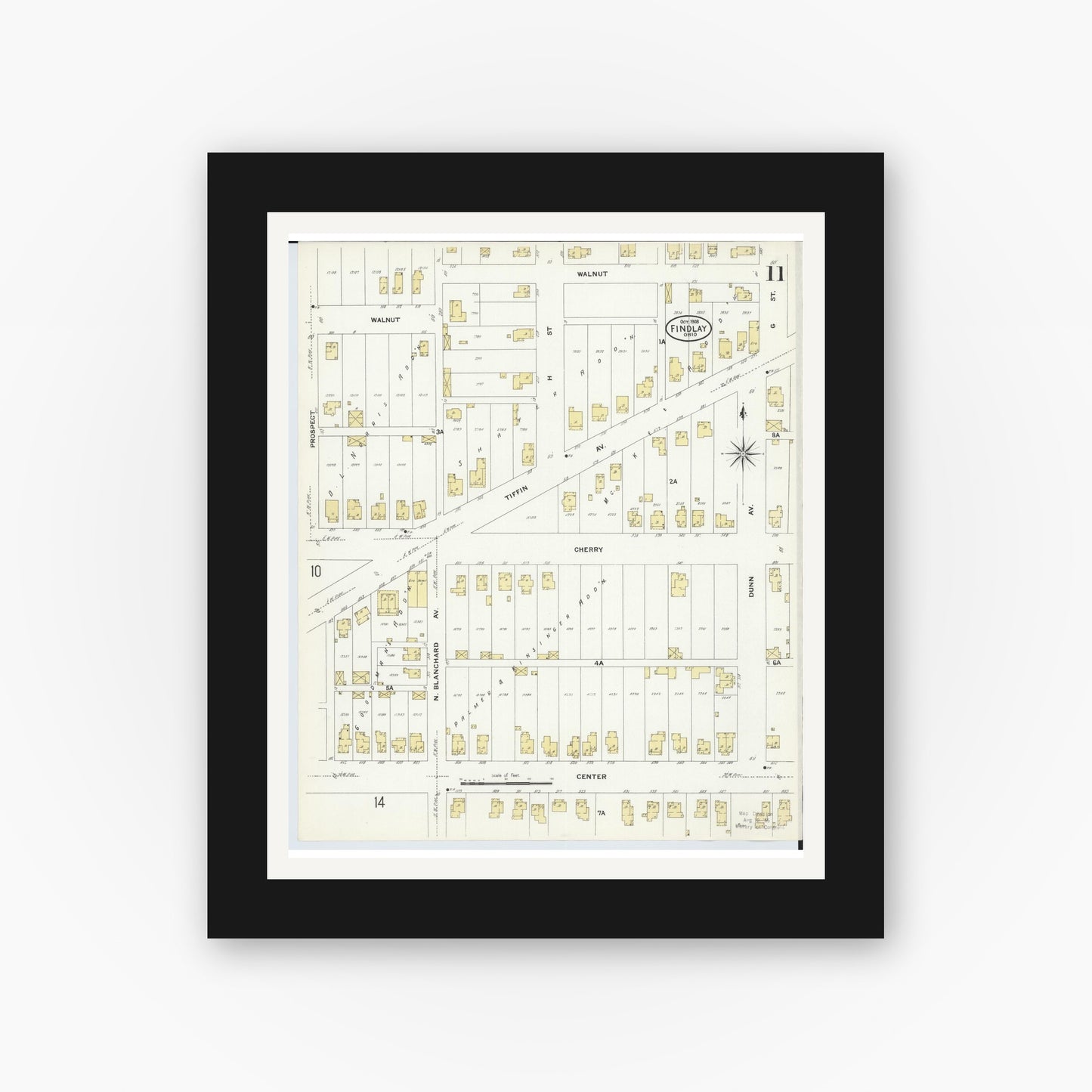 Old map wall art mockup — black gallery frame with white mat — Sanborn Fire Insurance Map from Findlay, Hancock County, Ohio (1908), Sheet #0011