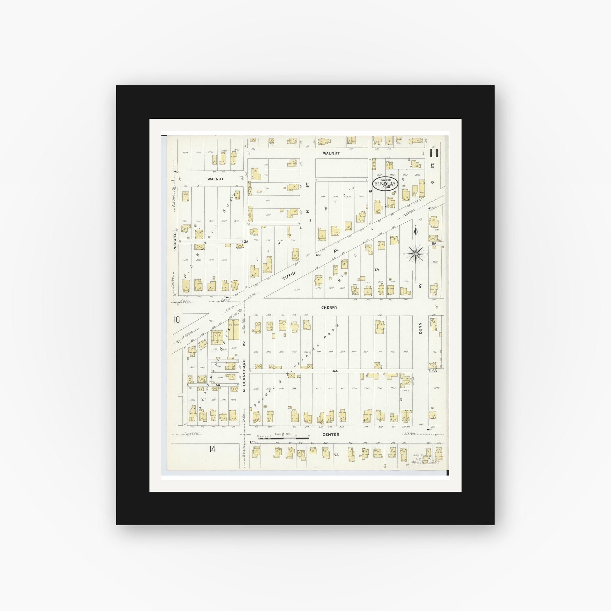 Old map wall art mockup — black gallery frame with white mat — Sanborn Fire Insurance Map from Findlay, Hancock County, Ohio (1908), Sheet #0011