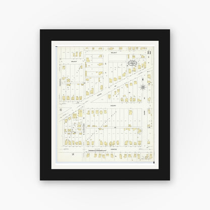 Old map wall art mockup — black gallery frame with white mat — Sanborn Fire Insurance Map from Findlay, Hancock County, Ohio (1908), Sheet #0011
