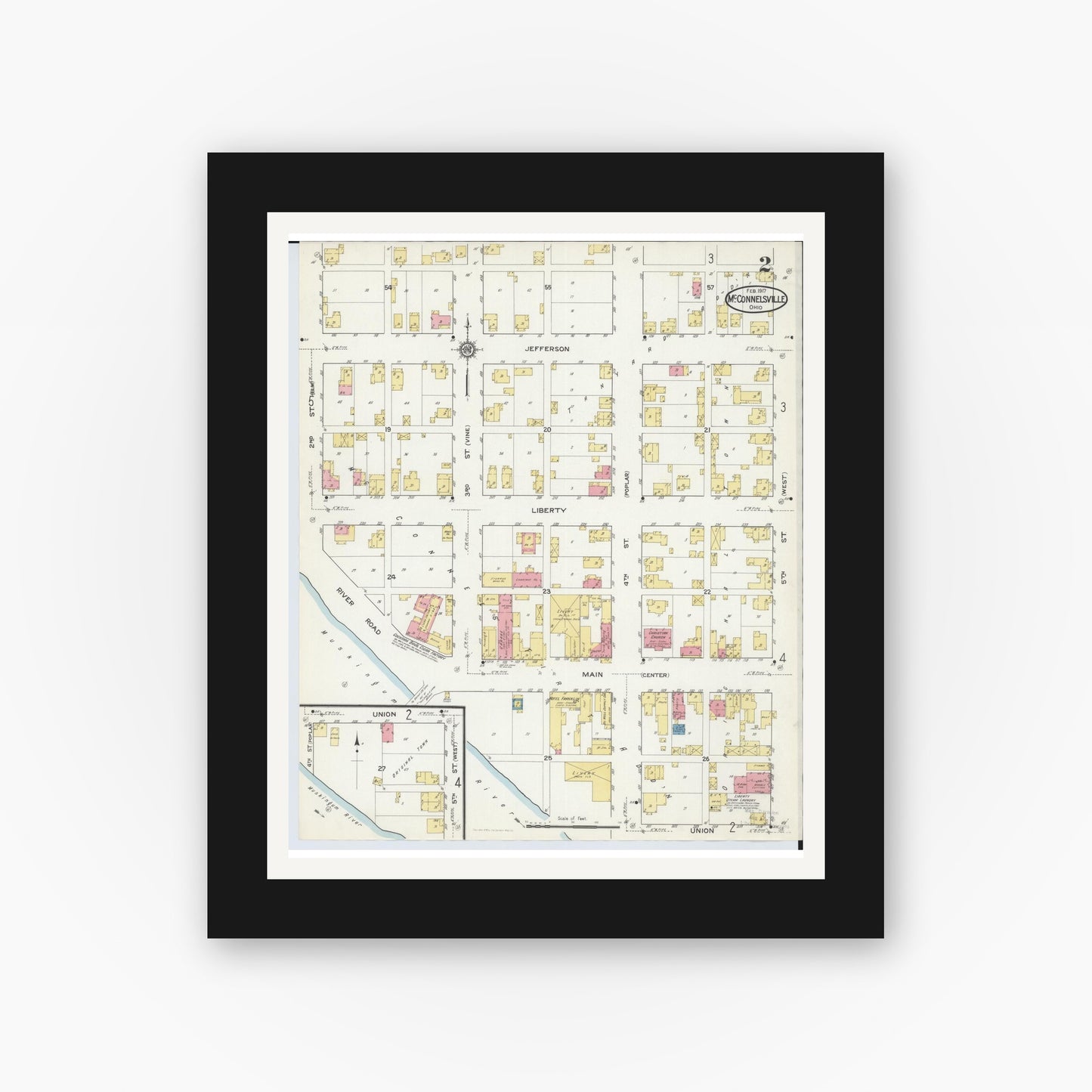 Old map wall art mockup — black gallery frame with white mat — Sanborn Fire Insurance Map from McConnelsville, Morgan County, Ohio (1917), Sheet #0002