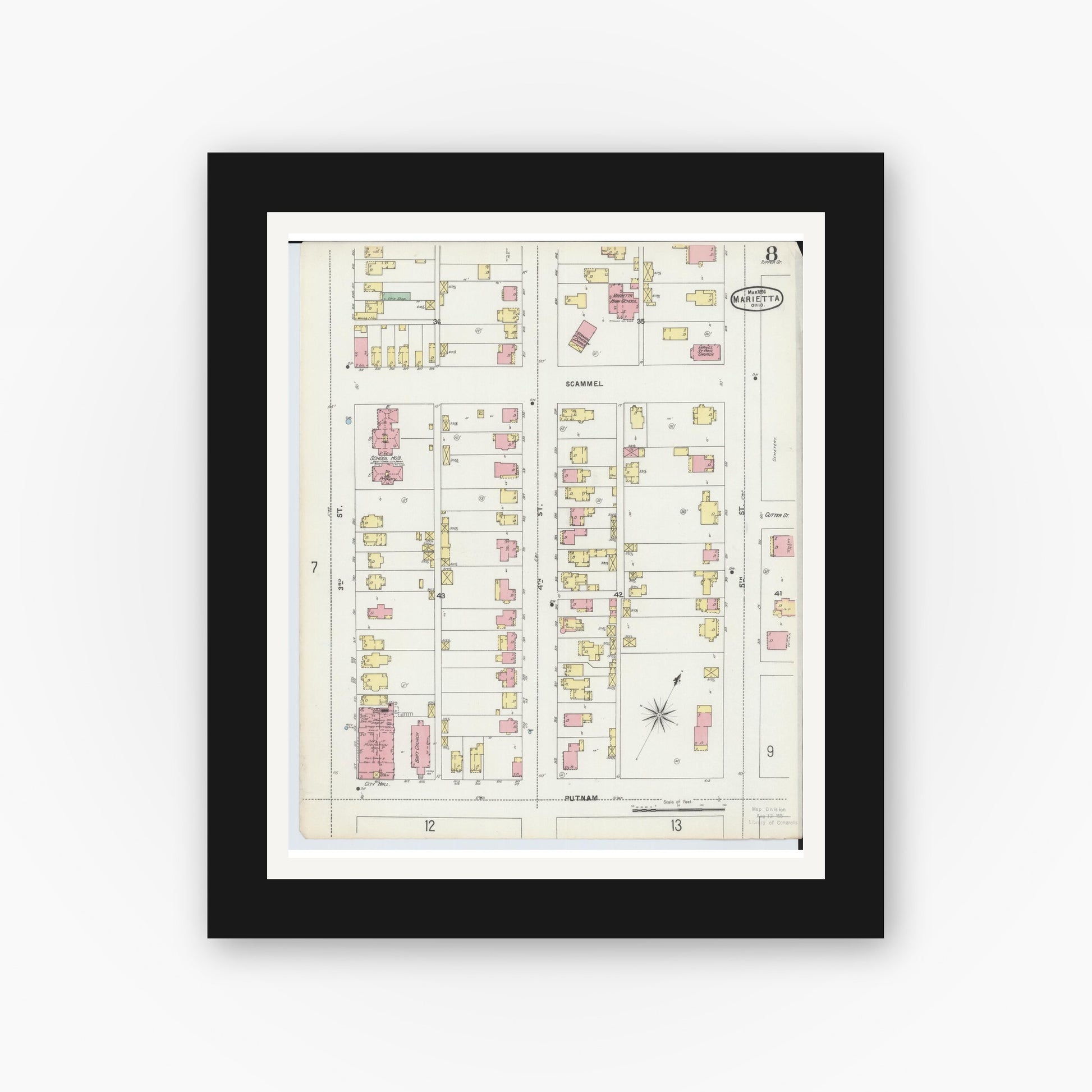 Old map wall art mockup — black gallery frame with white mat — Sanborn Fire Insurance Map from Marietta, Washington County, Ohio (1896), Sheet #0008