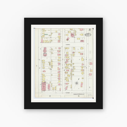 Old map wall art mockup — black gallery frame with white mat — Sanborn Fire Insurance Map from Marietta, Washington County, Ohio (1896), Sheet #0008