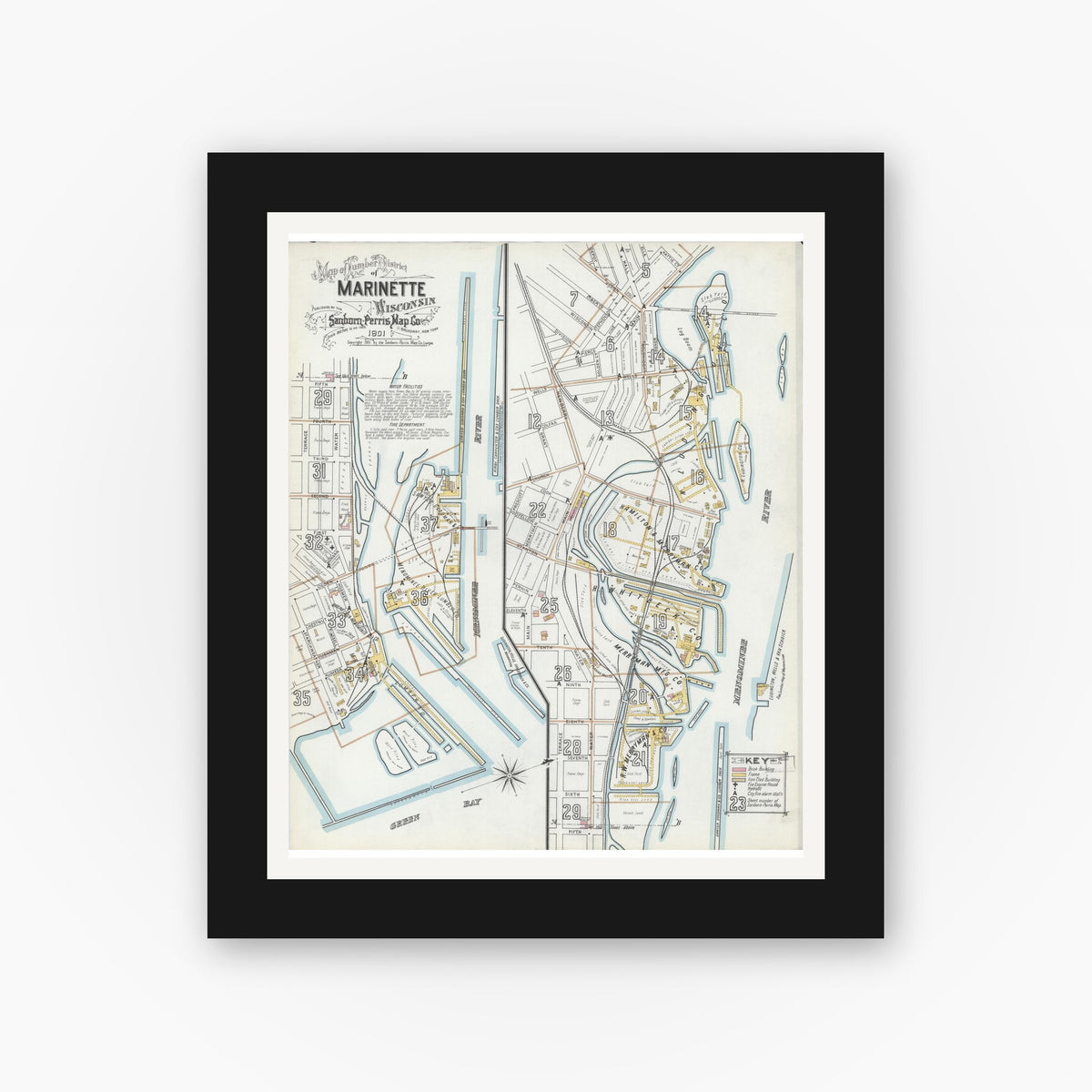 Old map wall art mockup — black gallery frame with white mat — Sanborn Fire Insurance Map from Marinette, Marinette County, Wisconsin (1901), Sheet #0001
