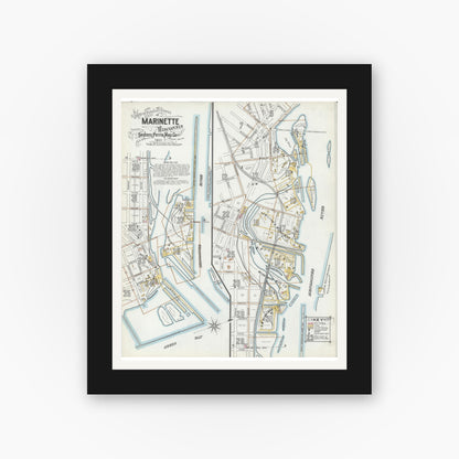 Old map wall art mockup — black gallery frame with white mat — Sanborn Fire Insurance Map from Marinette, Marinette County, Wisconsin (1901), Sheet #0001