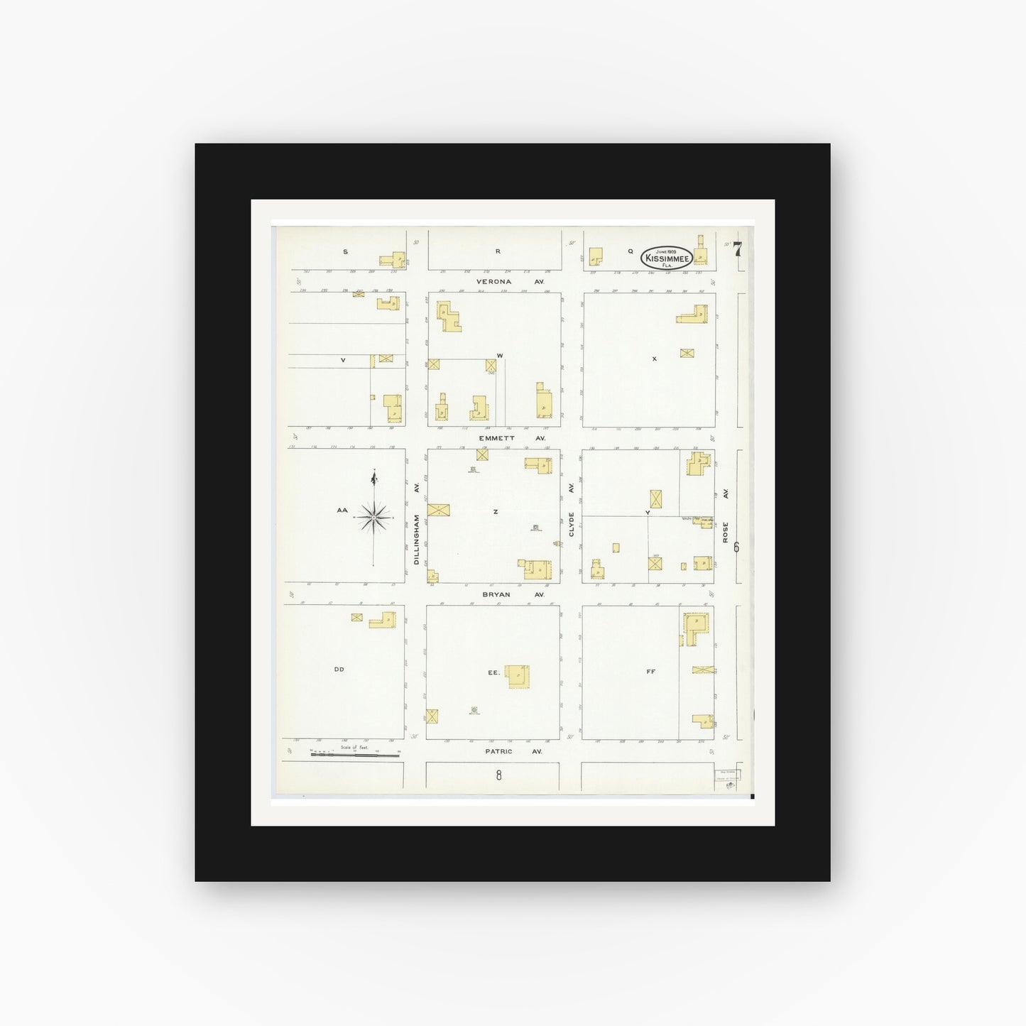 Old map wall art mockup — black gallery frame with white mat — Sanborn Fire Insurance Map from Kissimmee, Osceola County, Florida (1909), Sheet #0007