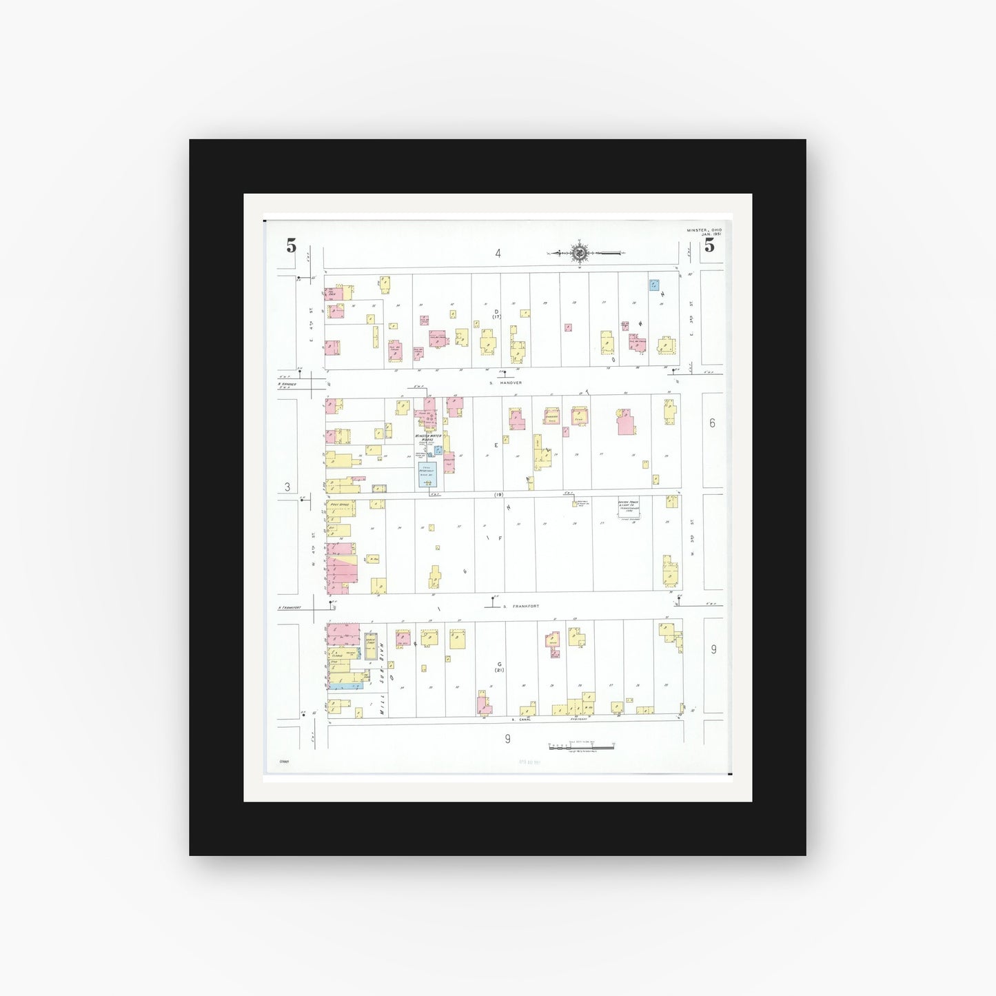 Old map wall art mockup — black gallery frame with white mat — Sanborn Fire Insurance Map from Minster, Auglaize County, Ohio (1951), Sheet #0005