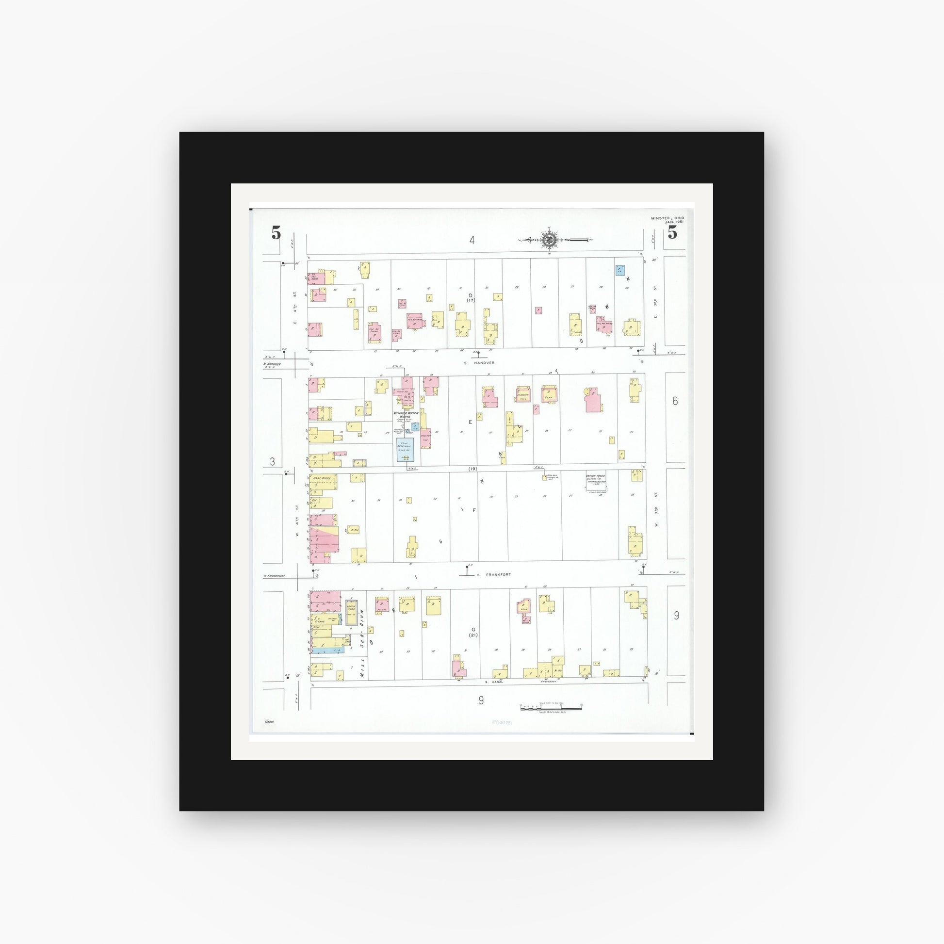 Old map wall art mockup — black gallery frame with white mat — Sanborn Fire Insurance Map from Minster, Auglaize County, Ohio (1951), Sheet #0005