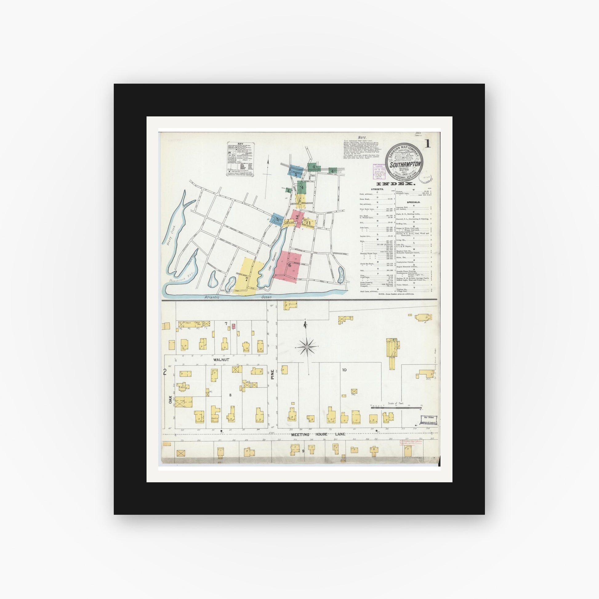 Old map wall art mockup — black gallery frame with white mat — Sanborn Fire Insurance Map from Southampton, Suffolk County, New York (1902), Sheet #0001
