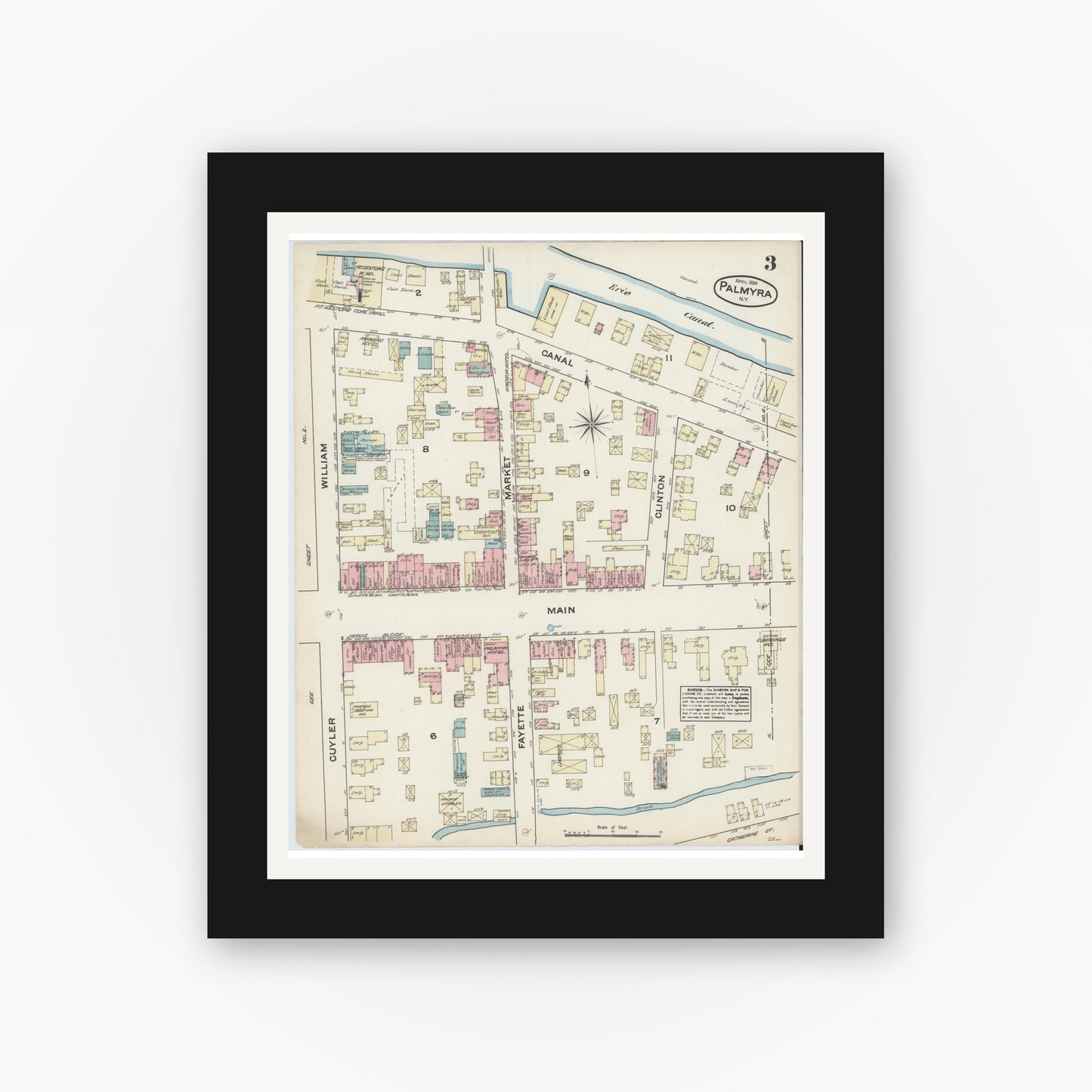 Old map wall art mockup — black gallery frame with white mat — Sanborn Fire Insurance Map from Palmyra, Wayne County, New York (1884), Sheet #0003