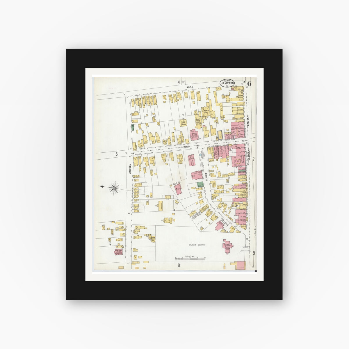 Old map wall art mockup — black gallery frame with white mat — Sanborn Fire Insurance Map from Hampton, Independent Cities, Virginia (1900), Sheet #0006