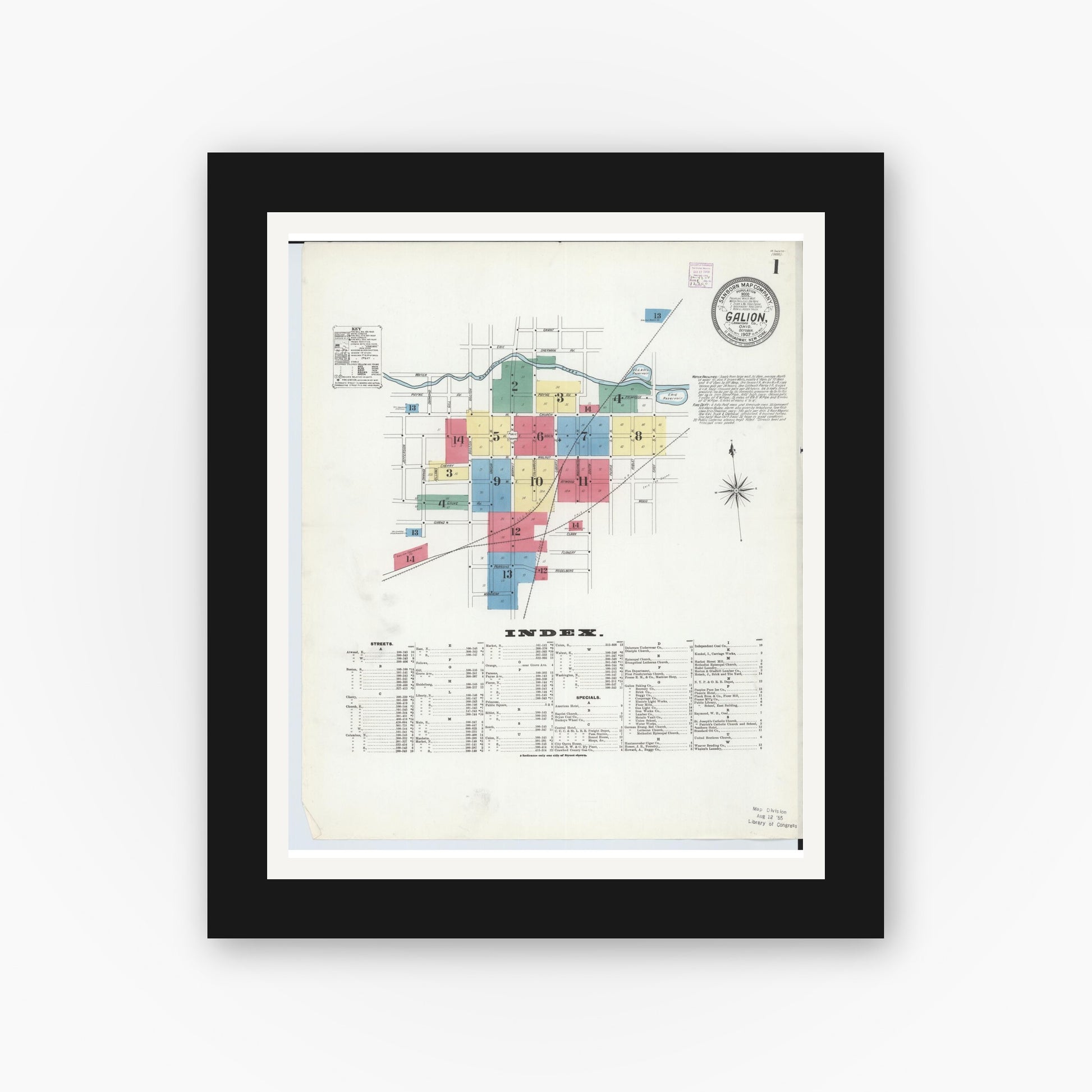 Old map wall art mockup — black gallery frame with white mat — Sanborn Fire Insurance Map from Galion, Crawford County, Ohio (1907) - Complete Map Set