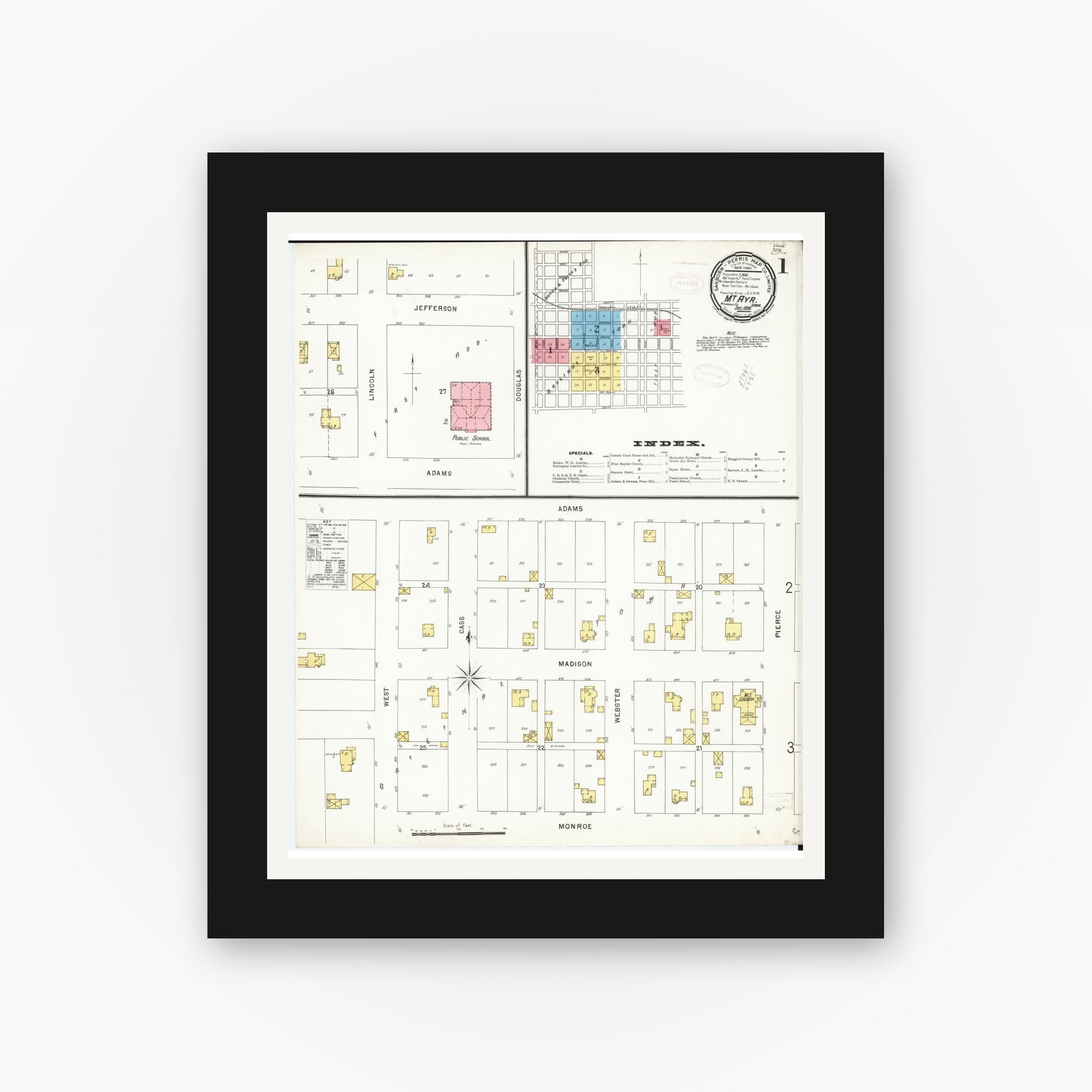 Old map wall art mockup — black gallery frame with white mat — Sanborn Fire Insurance Map from Mount Ayr, Ringgold County, Iowa (1898) â€” Complete Set