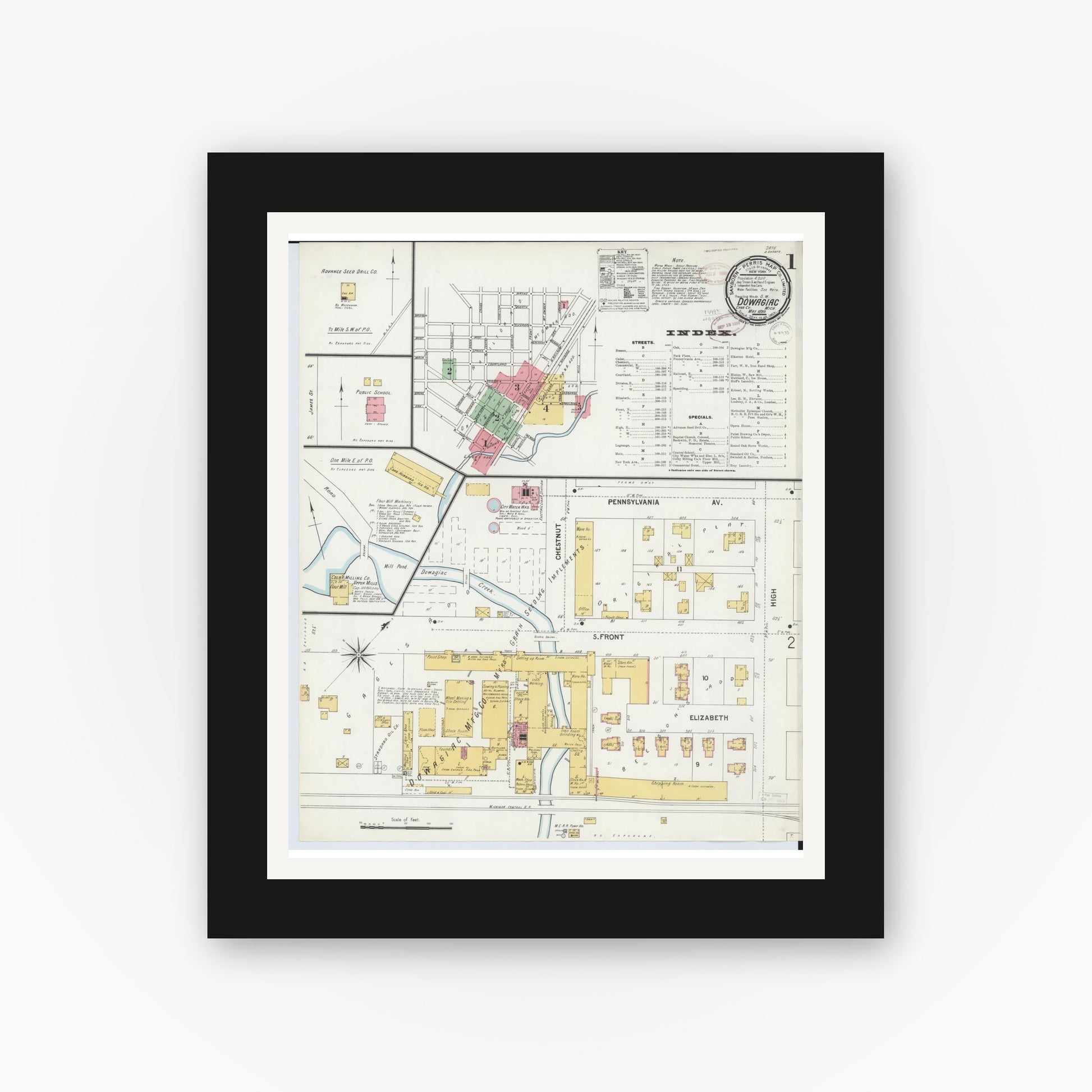 Old map wall art mockup — black gallery frame with white mat — Sanborn Fire Insurance Map from Dowagiac, Cass County, Michigan (1899), Sheet #0001