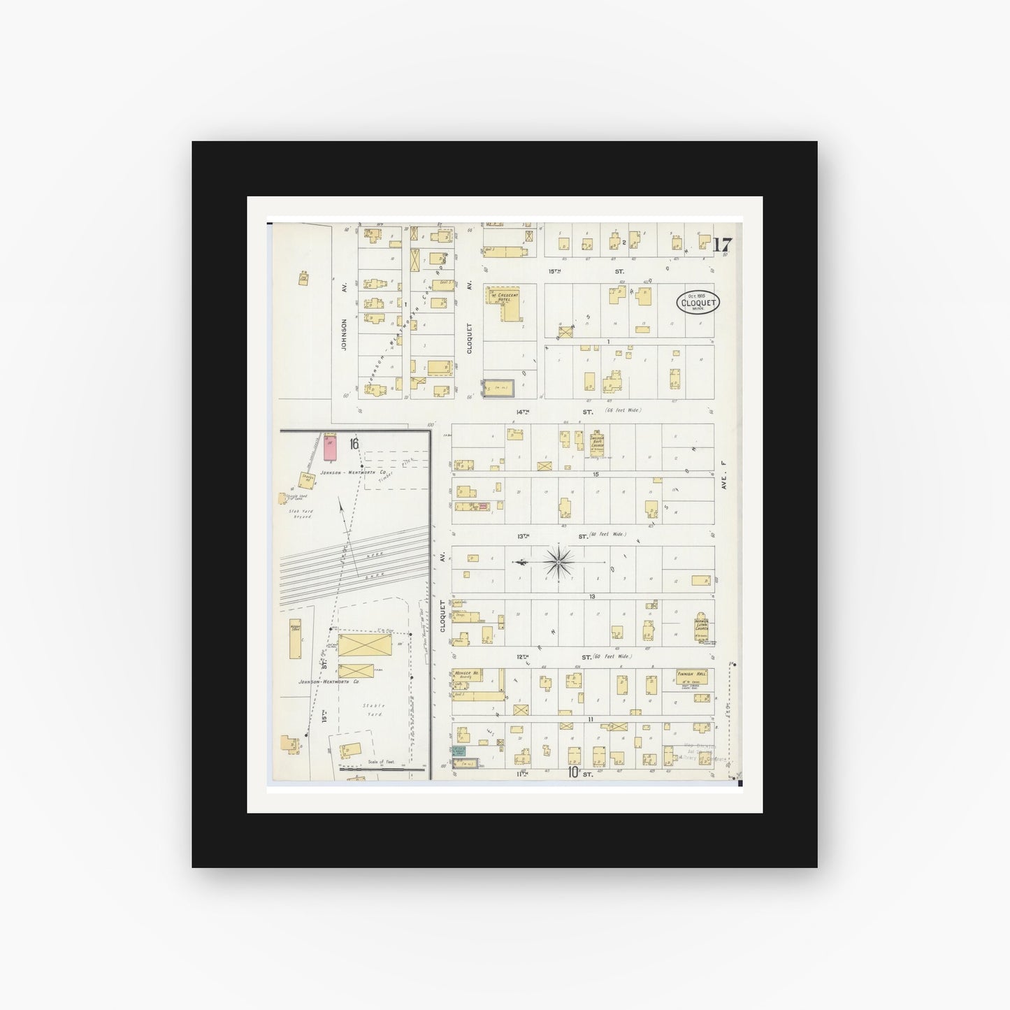 Old map wall art mockup — black gallery frame with white mat — Sanborn Fire Insurance Map from Cloquet, Carlton County, Minnesota (1905), Sheet #0017
