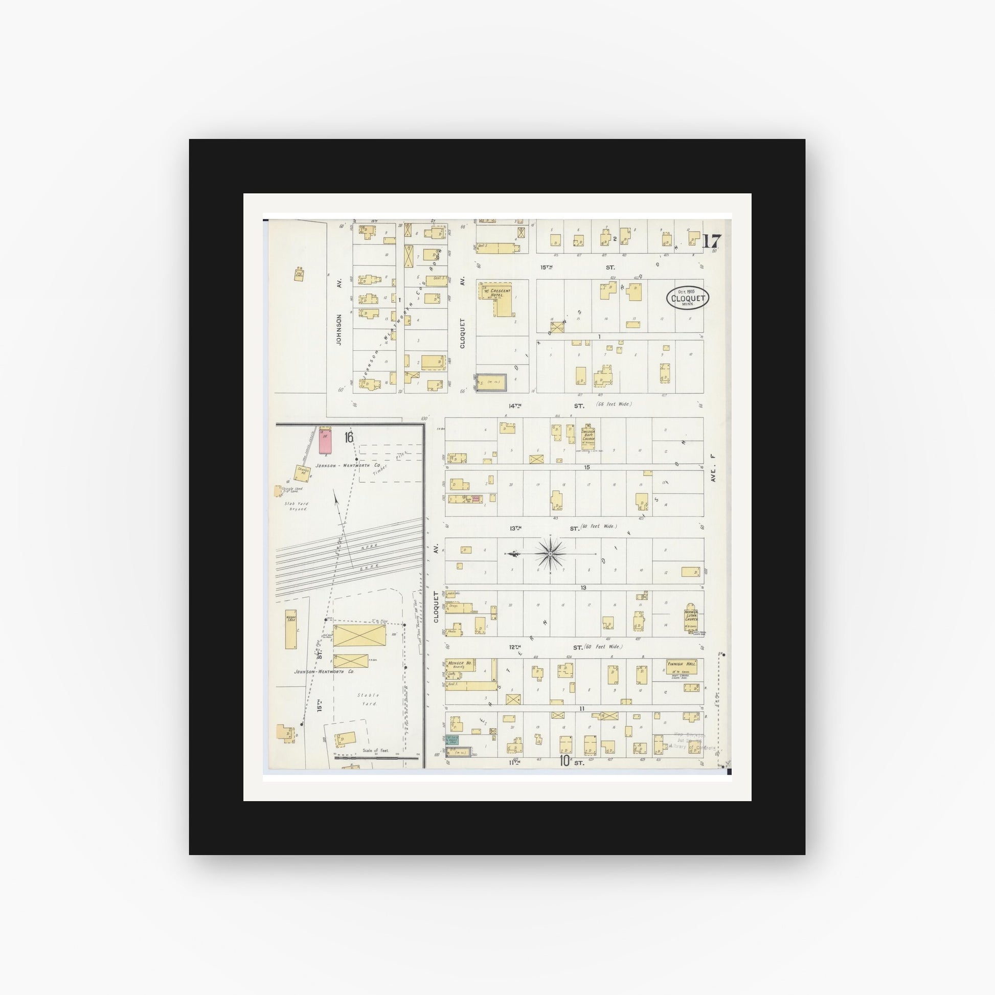 Old map wall art mockup — black gallery frame with white mat — Sanborn Fire Insurance Map from Cloquet, Carlton County, Minnesota (1905), Sheet #0017