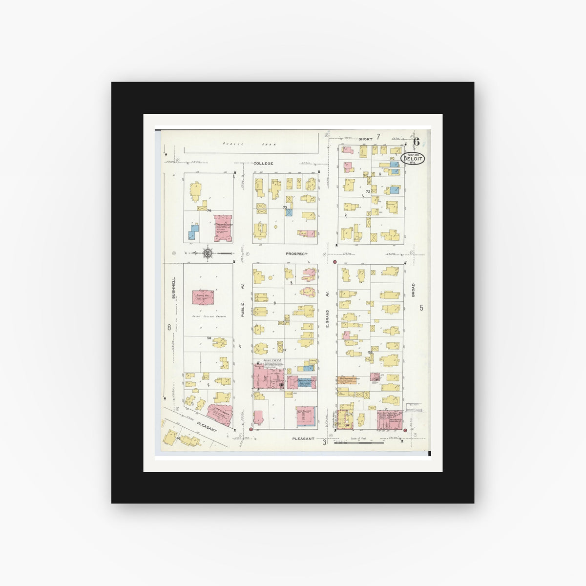 Old map wall art mockup — black gallery frame with white mat — Sanborn Fire Insurance Map from Beloit, Rock County, Wisconsin (1915), Sheet #0006