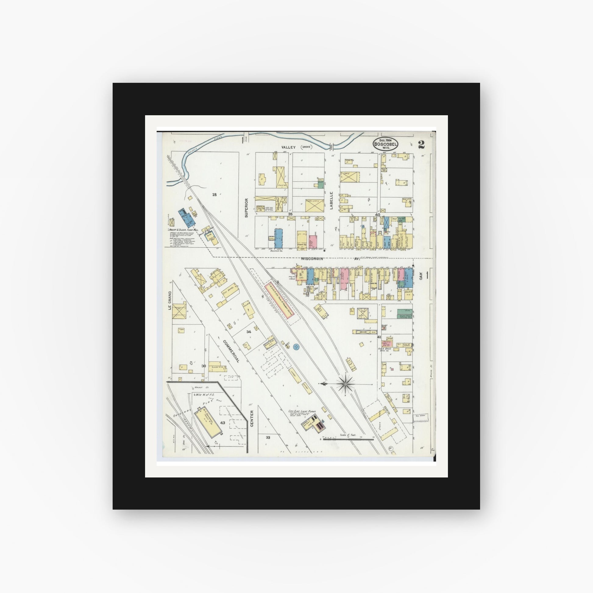 Old map wall art mockup — black gallery frame with white mat — Sanborn Fire Insurance Map from Boscobel, Grant County, Wisconsin (1904), Sheet #0002