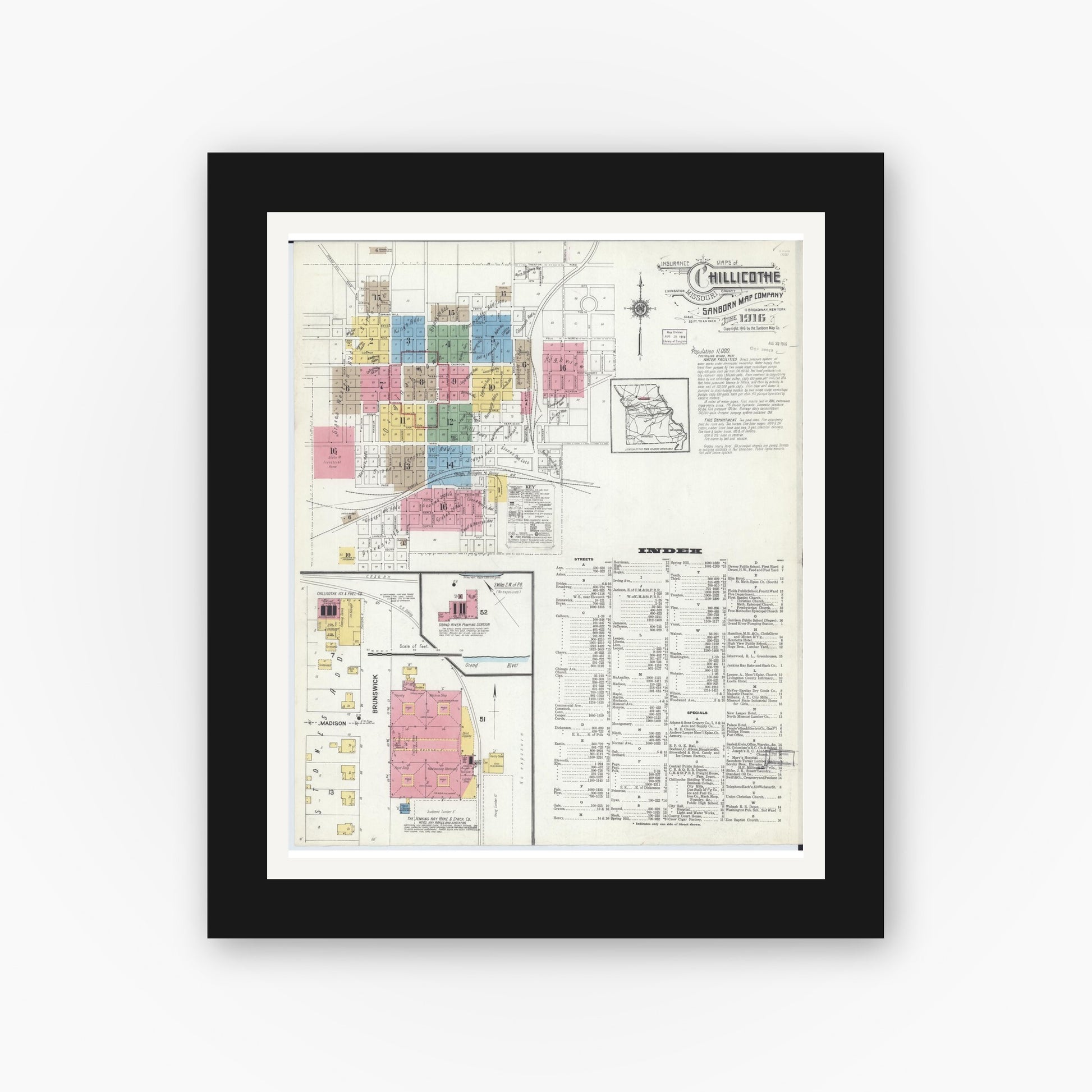 Old map wall art mockup — black gallery frame with white mat — Sanborn Fire Insurance Map from Chillicothe, Livingston County, Missouri (1916) - Complete Map Set