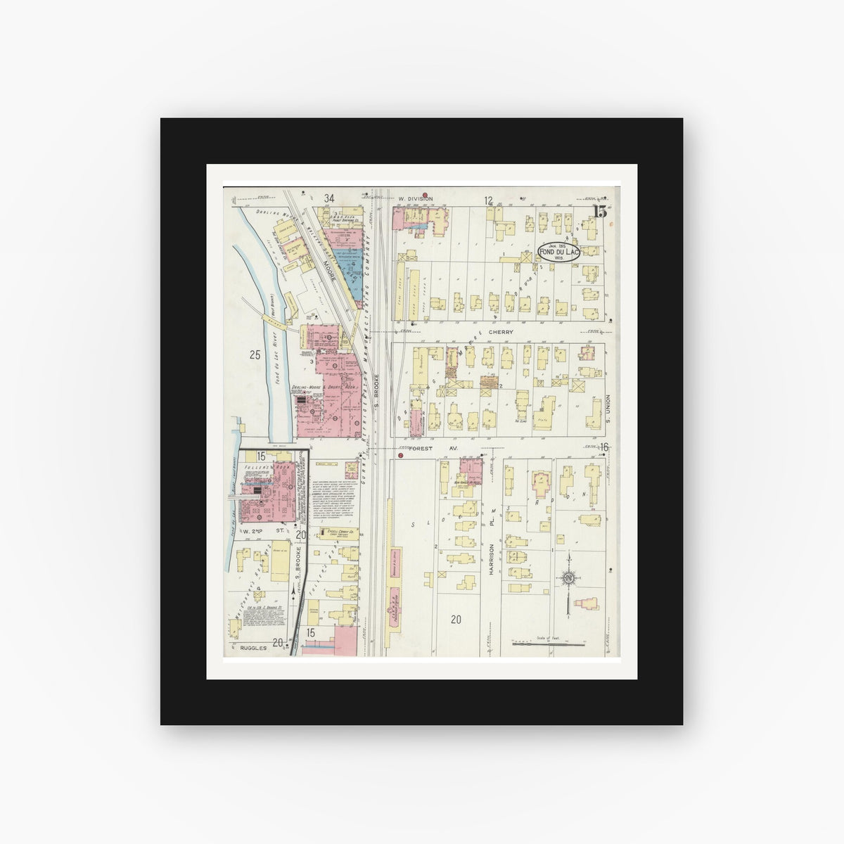 Old map wall art mockup — black gallery frame with white mat — Sanborn Fire Insurance Map from Fond du Lac, Fond du Lac County, Wisconsin (1915), Sheet #0015