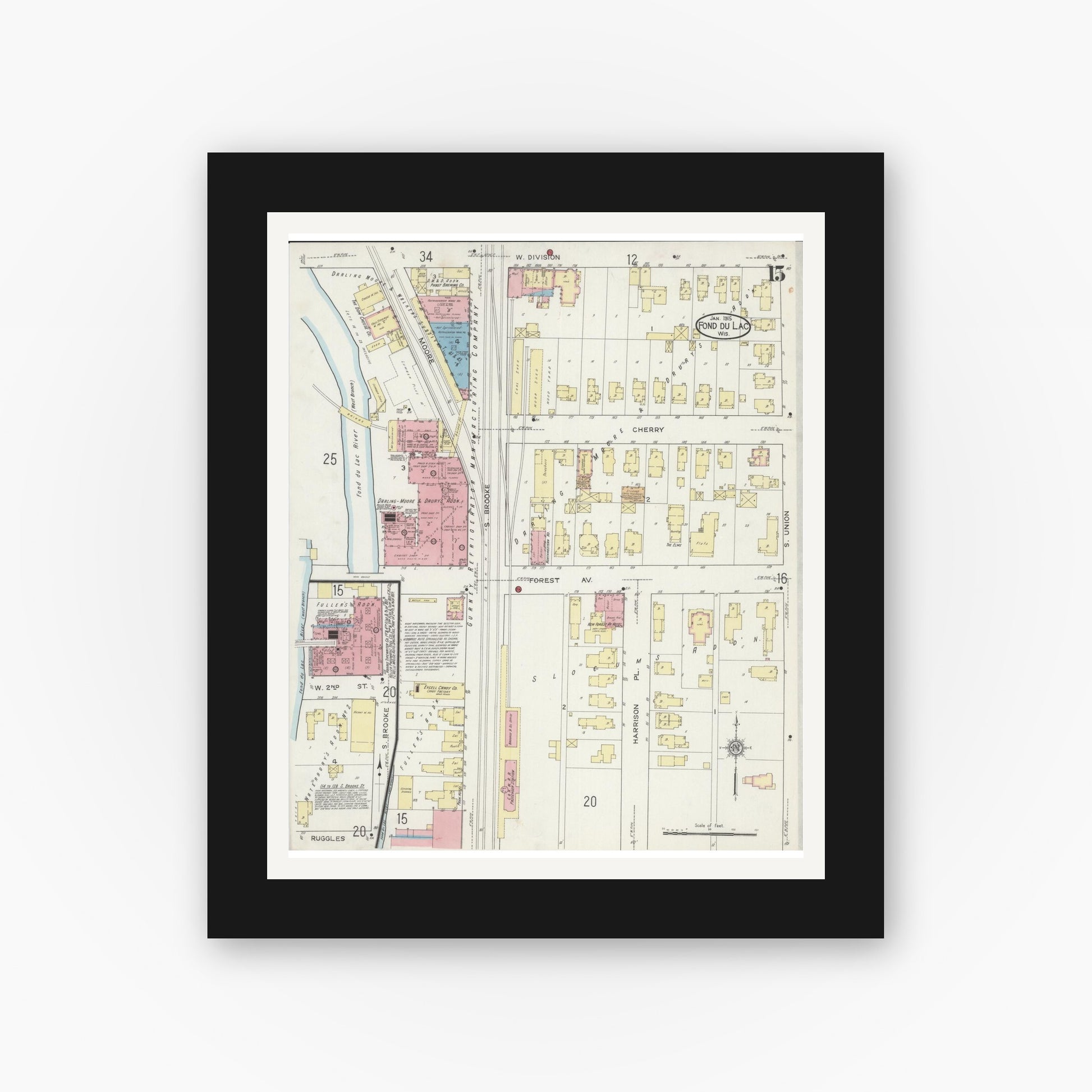 Old map wall art mockup — black gallery frame with white mat — Sanborn Fire Insurance Map from Fond du Lac, Fond du Lac County, Wisconsin (1915), Sheet #0015