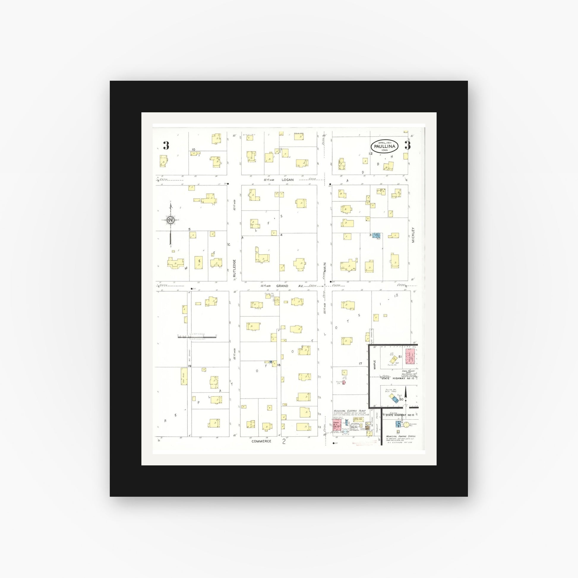 Old map wall art mockup — black gallery frame with white mat — Sanborn Fire Insurance Map from Paullina, O'Brien County, Iowa (1931), Sheet #0003