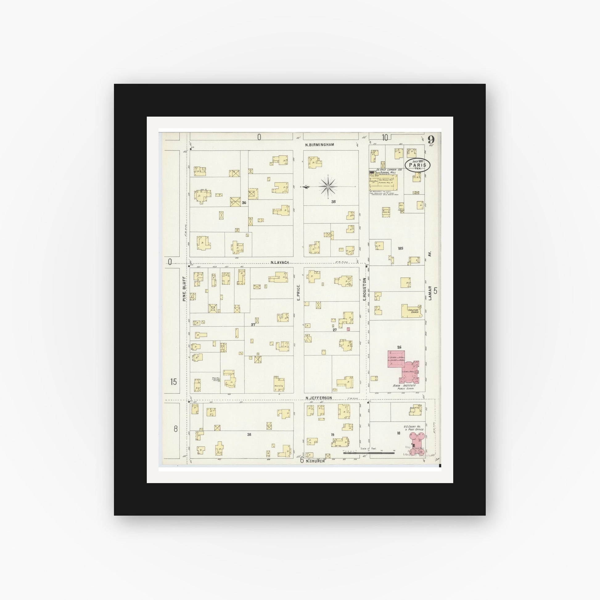 Old map wall art mockup — black gallery frame with white mat — Sanborn Fire Insurance Map from Paris, Lamar County, Texas (1897), Sheet #0009